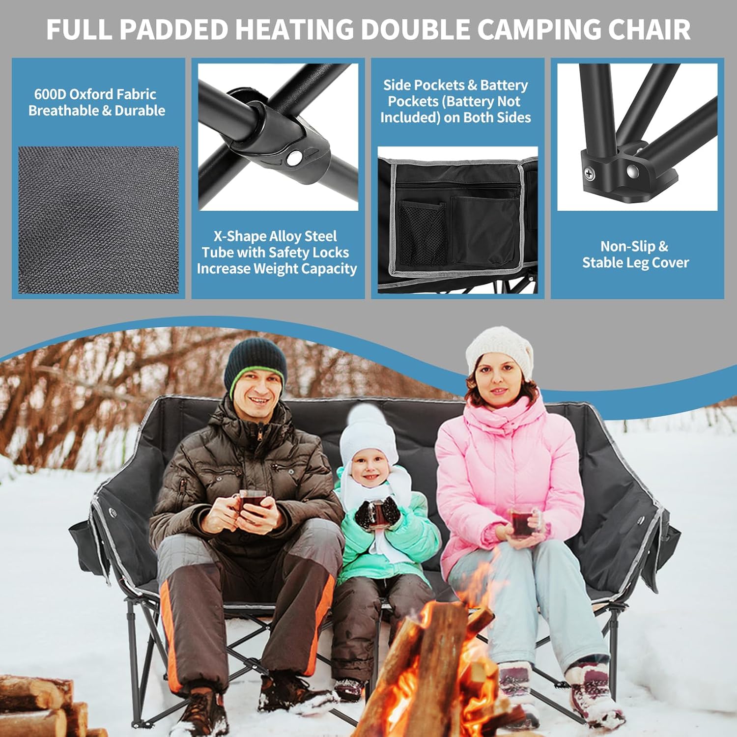 NAIZEA Silla de camping doble con calefacción, silla plegable para 2 personas, sillas térmicas portátiles para deportes al aire libre con 3 niveles