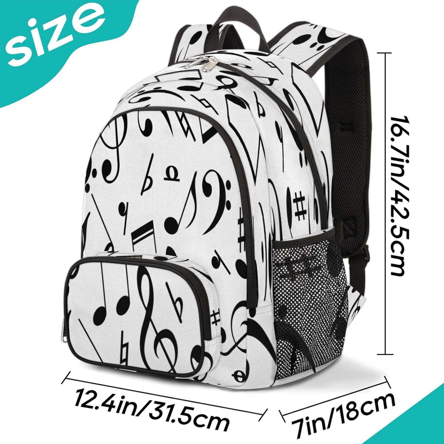 Mochila escolar negra con notas musicales, mochila escolar para adolescentes, niñas, niños, mochila escolar para computadora de hombro, senderismo,