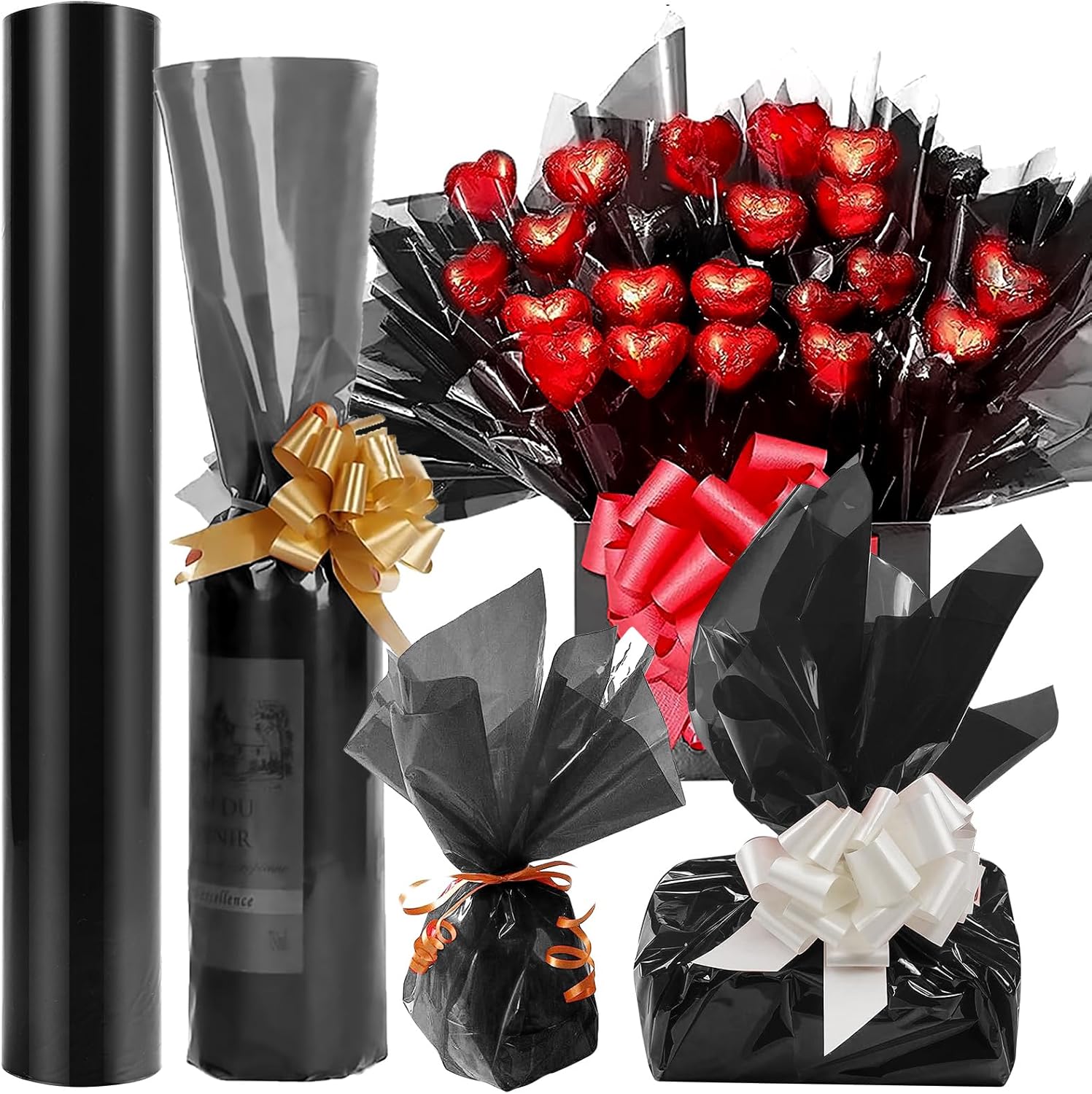 HiloPack Rollo de celofán negro, 34 pulgadas plegado a 17 pulgadas x 100 pies de largo, papel de regalo de plástico de 3 mil de grosor para cestas