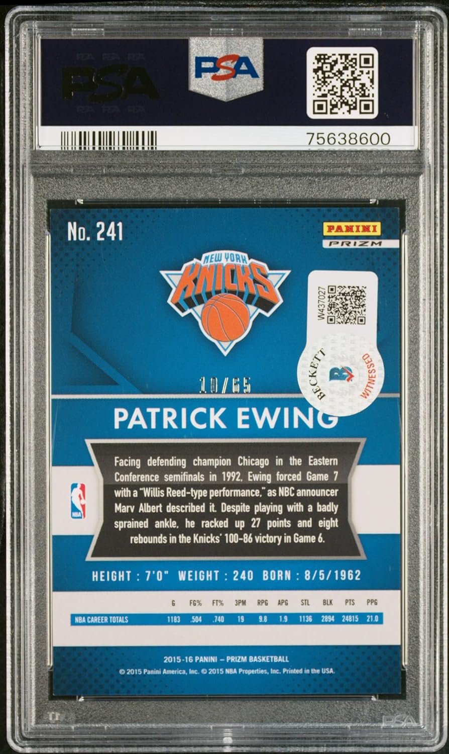 Patrick Ewing 2015 Panini Orange Prizm Signed Card #241 Auto Graded PSA 10