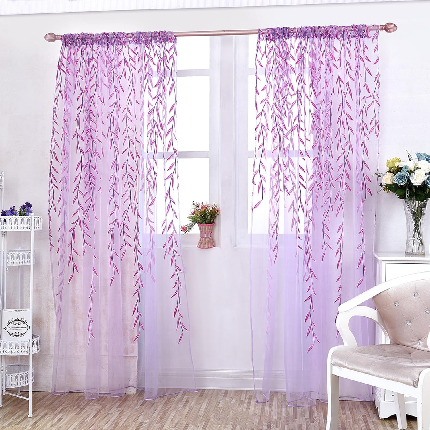 2 piezas de cortina de ventana de hojas de sauce de gasa de tul para habitación de hojas de salix transparente, cortina de panel de gasa cortina de
