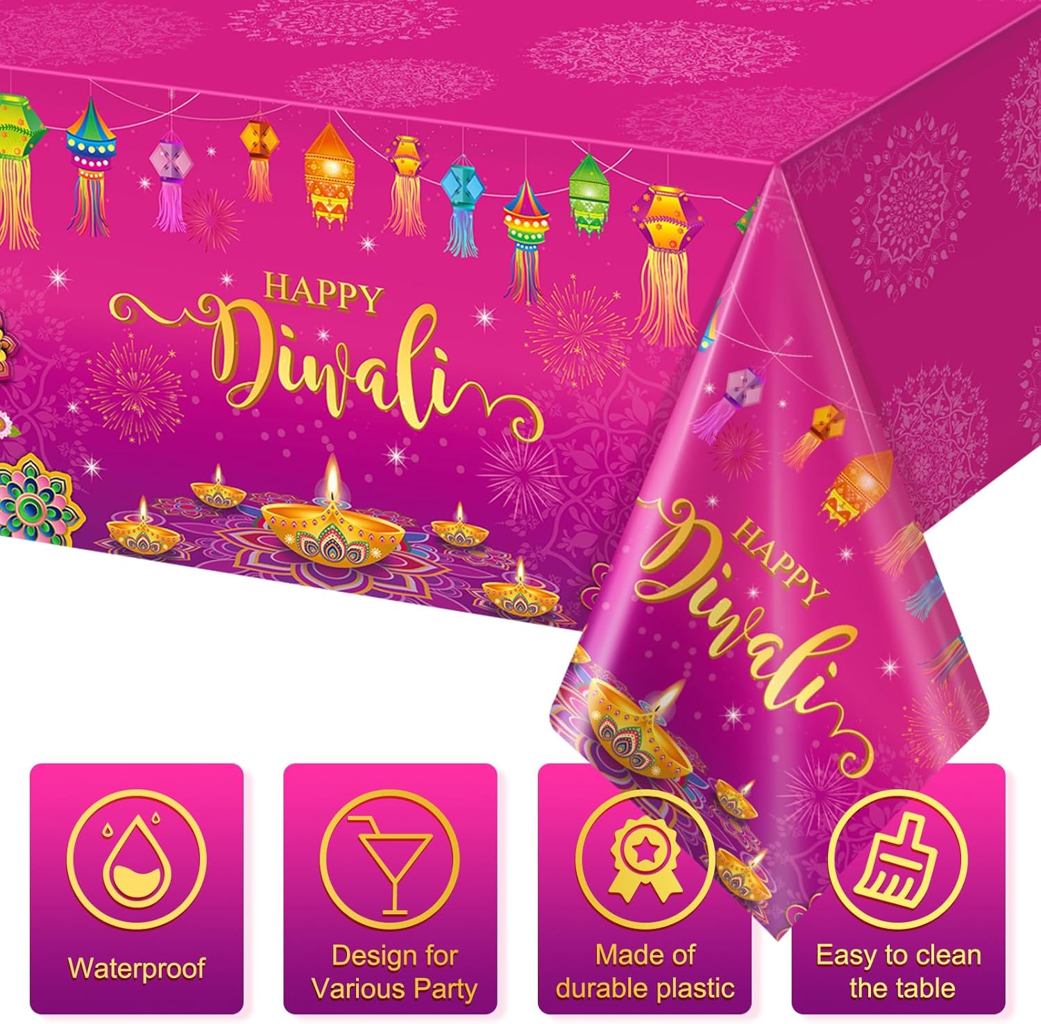 Paquete de 3 manteles desechables Happy Diwali, mantel de plástico para mesas rectangulares, mantel Diwali para decoración india de Diwali,