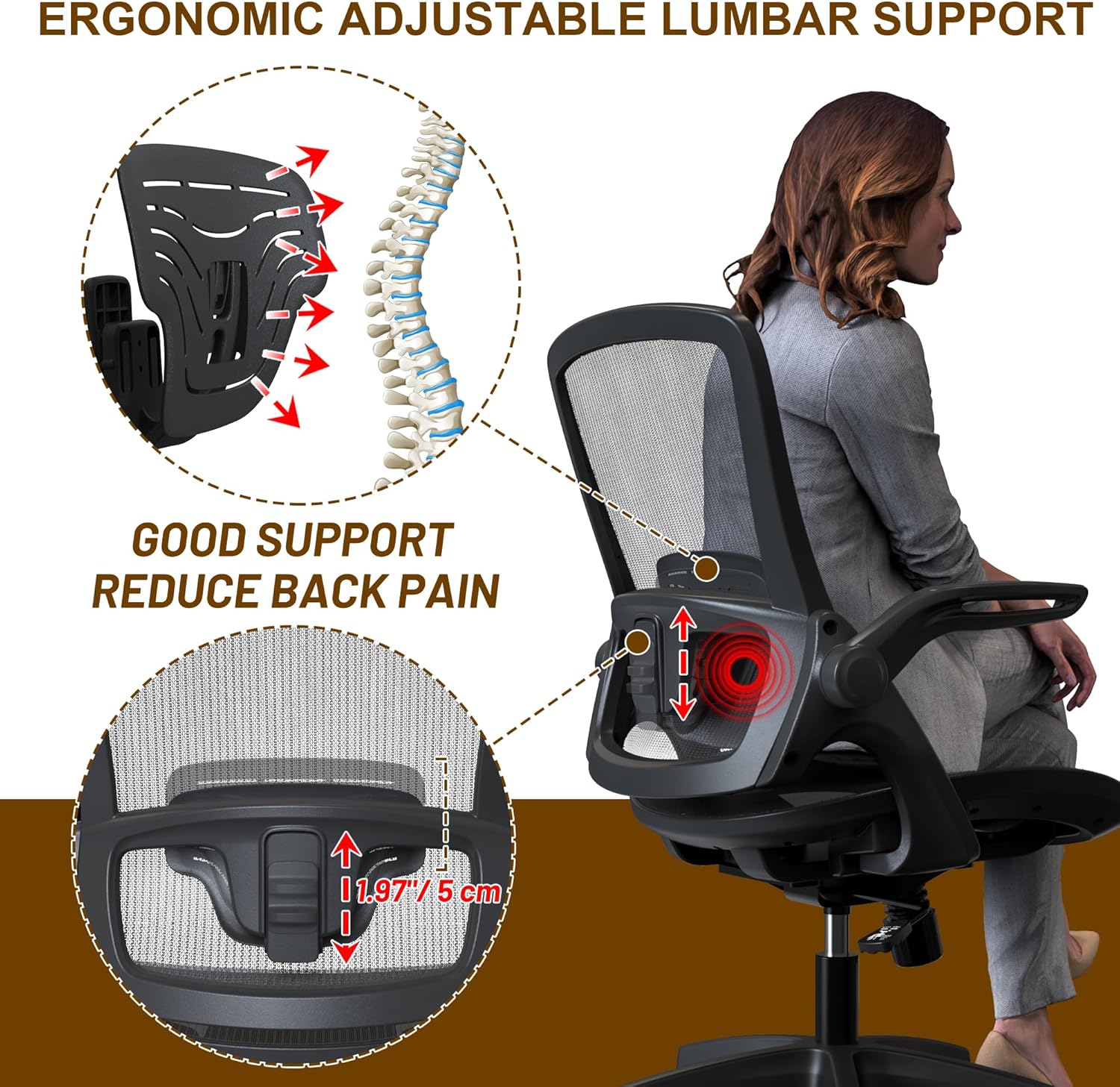 KOLLIEE Silla de oficina en casa de malla ergonómica giratoria con soporte lumbar ajustable, cómoda silla de computadora negra con brazos abatibles