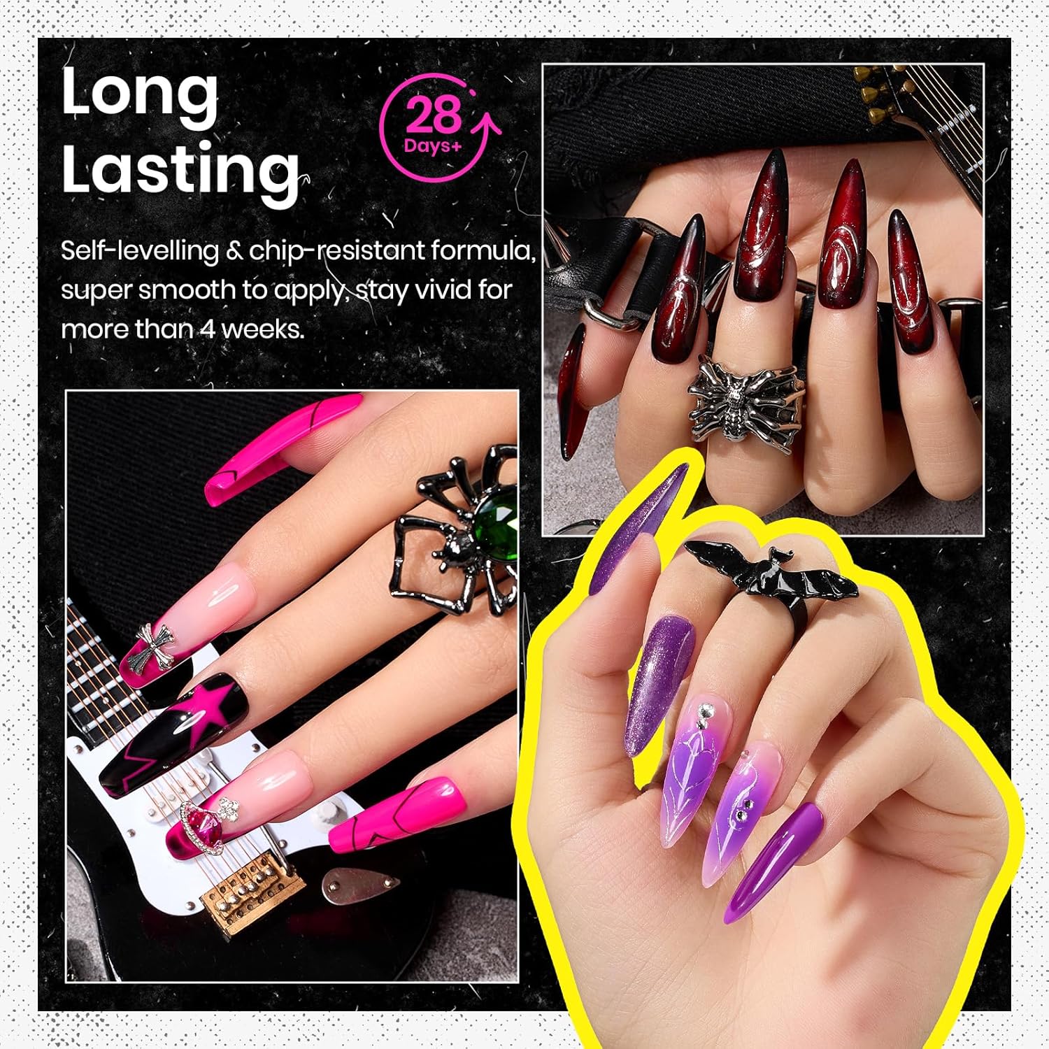Beetles – Esmalte de uñas de gel de 6 colores, colección de hechizos de brujas con forro, calcomanías de uñas de gel y anillos brillantes, morado,
