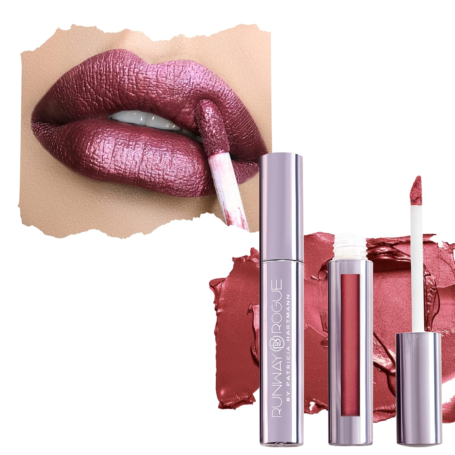 Runway Rogue Pearl Glam Shimmer – Lápiz labial líquido, color de labios bronce baya, de larga duración, con brillo plateado y dorado, devolución de