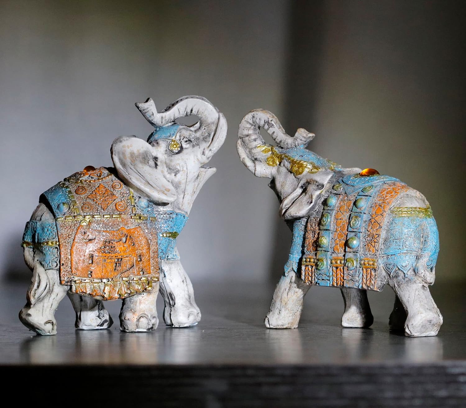 2 figuras coleccionables de elefante con tronco hacia arriba, estatuas perfectas para decoración del hogar, estatua de elefante africano regalo