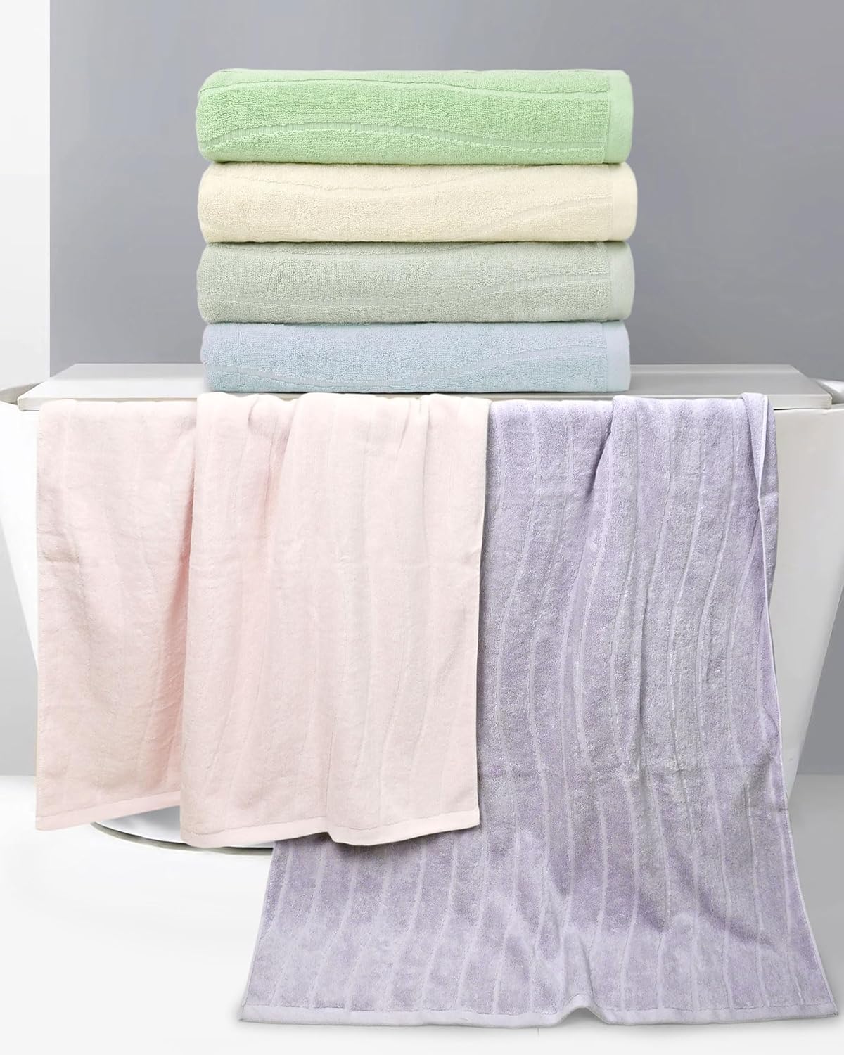 Cleanbear Juego de 2 toallas de baño de lujo, diseño de rayas onduladas para decoración de baño, juego de toallas de baño suaves 100% algodón