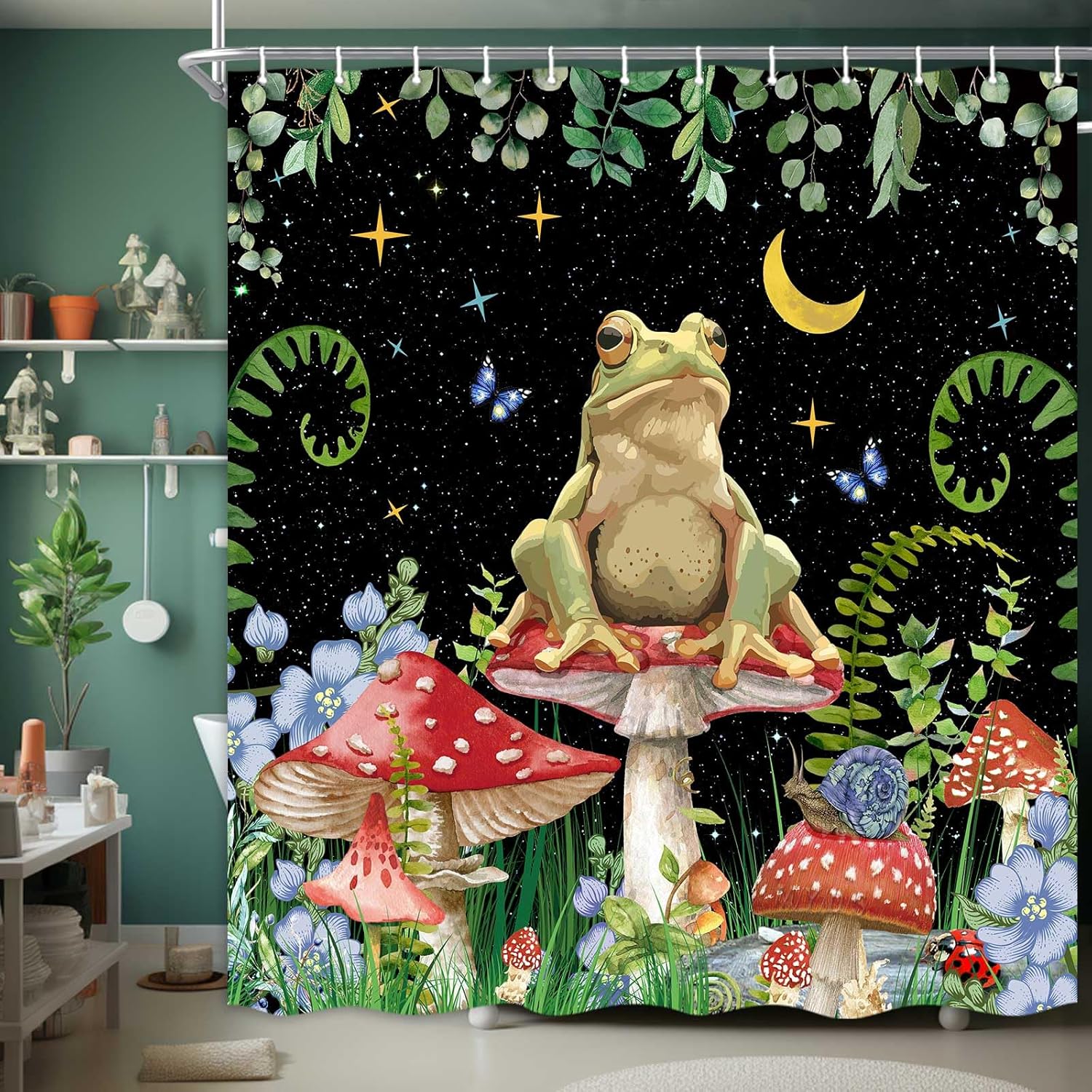 JAWO Cortina de ducha de hongos, cortinas de ducha bohemias con diseño floral, diseño de rana divertida, juego de accesorios de baño con ganchos, 69