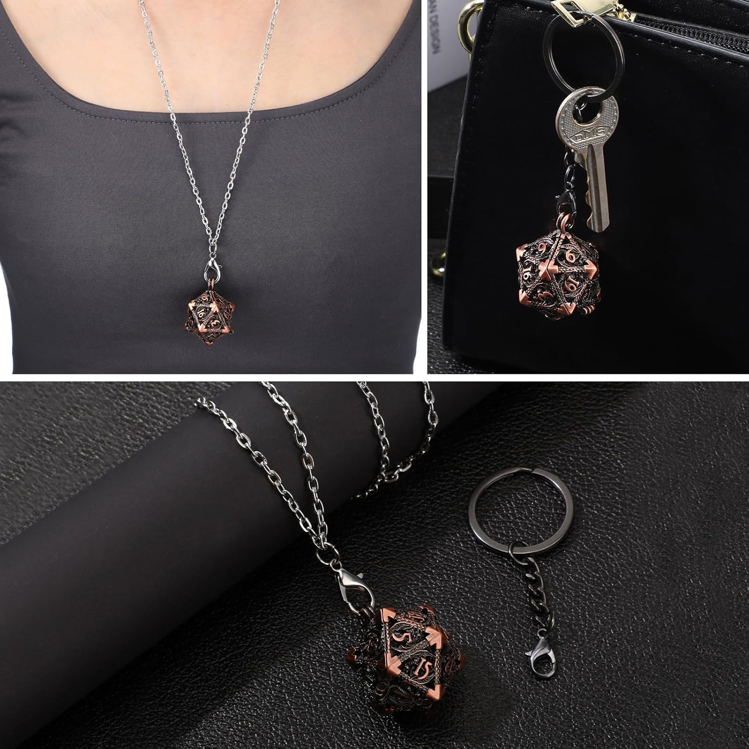 Syhood Juego de dados pequeños, 7 piezas de dados pequeños de metal, collar hueco D20, estuche de dados, llavero, juegos de mesa para juegos de rol,