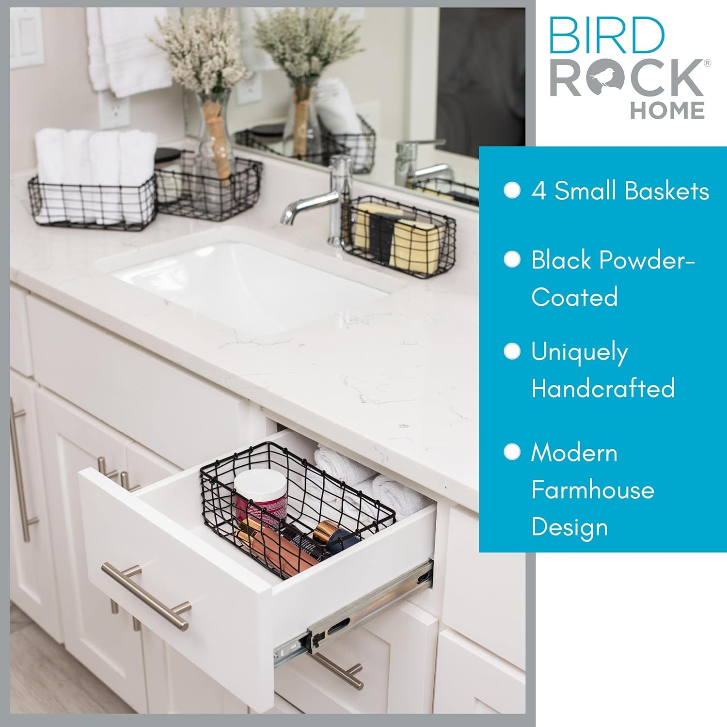 BIRDROCK HOME 4 cestas de alambre anidadas, color negro, cesta de organización para cajones de cocina, despensa o armario, contenedores apilables de