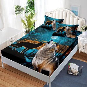 HOSIMA Sábana bajera ajustable con estampado de animales del bosque con 2 fundas de almohada, ropa de cama de árbol y luna y lobo, sábana bajera de HOSIMA Sábana bajera ajustable con estampado de animales del bosque con 2 fundas de almohada, ropa de cama de árbol y luna y lobo, sábana bajera de