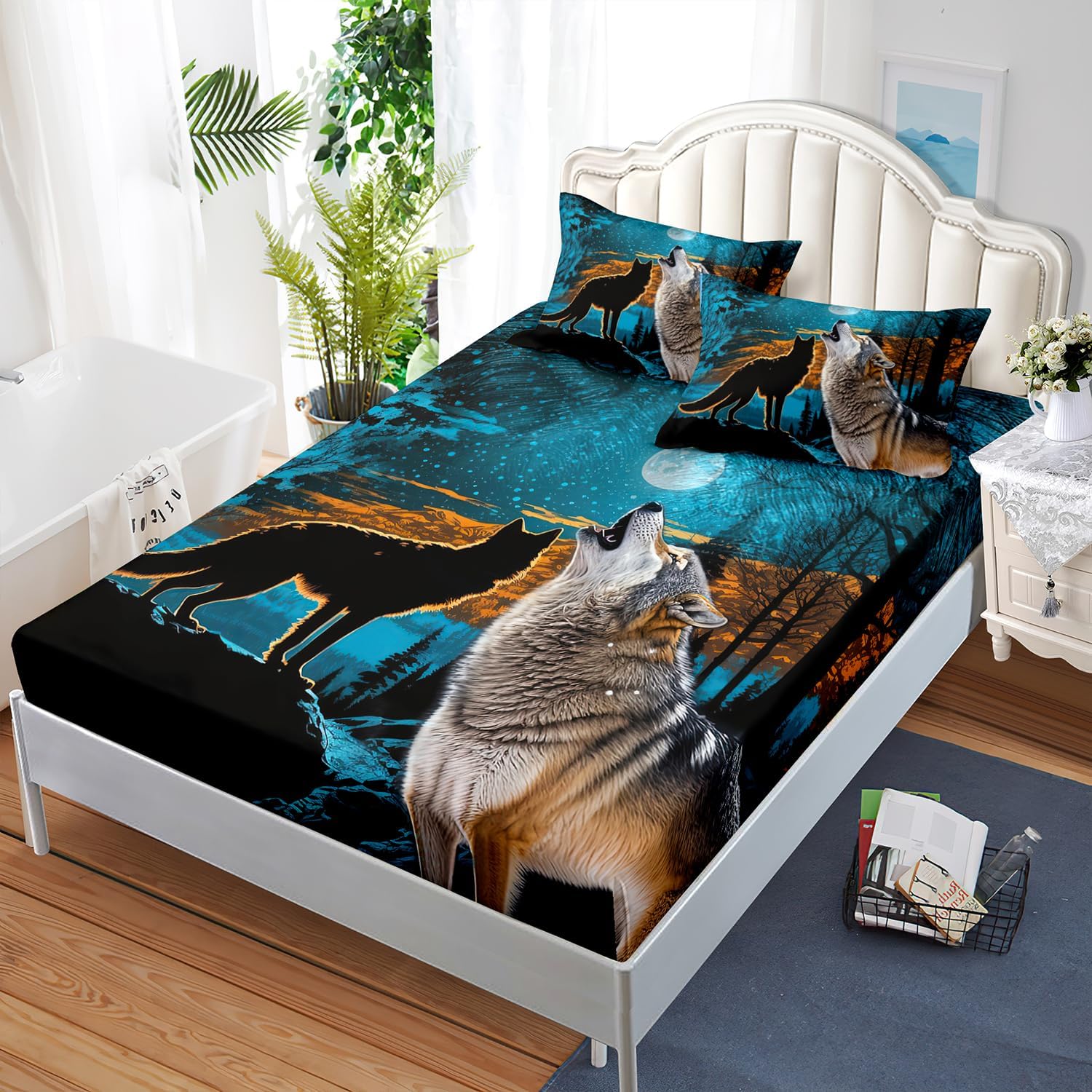 HOSIMA Sábana bajera ajustable con estampado de animales del bosque con 2 fundas de almohada, ropa de cama de árbol y luna y lobo, sábana bajera de