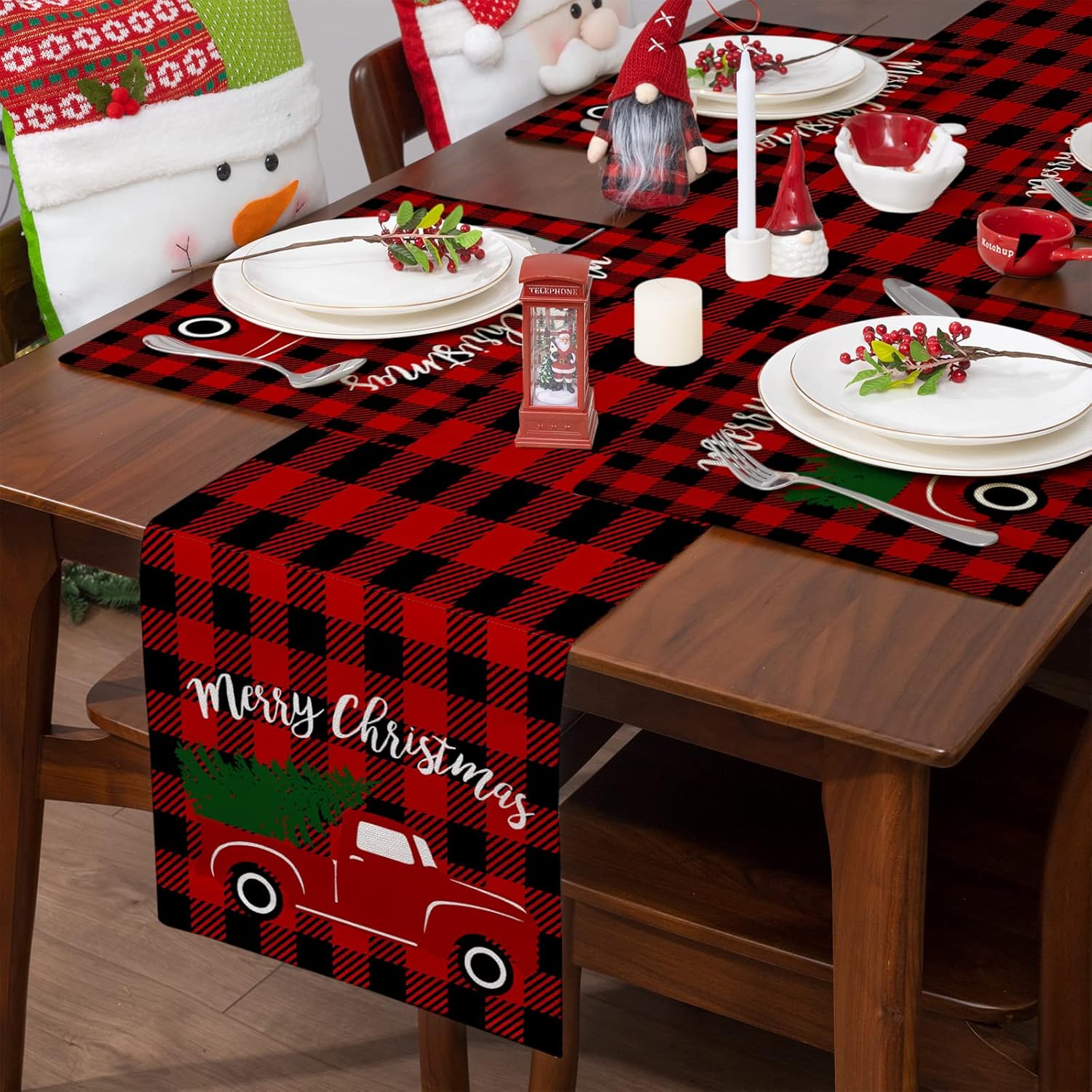 Juego de 4 manteles individuales de Navidad, manteles individuales de tela reversible resistente al calor para decoración navideña de camión de