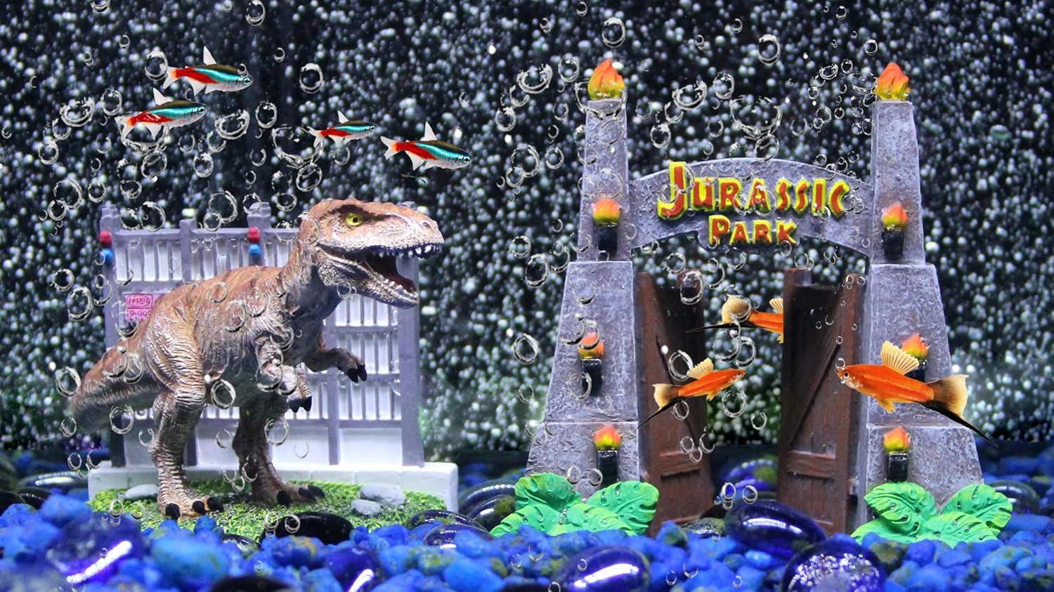 Penn-Plax Jurassic Park – Paquete de adornos de acuario con licencia oficial de 2 piezas, incluye decoraciones de T-Rex y Park Gate, pequeño