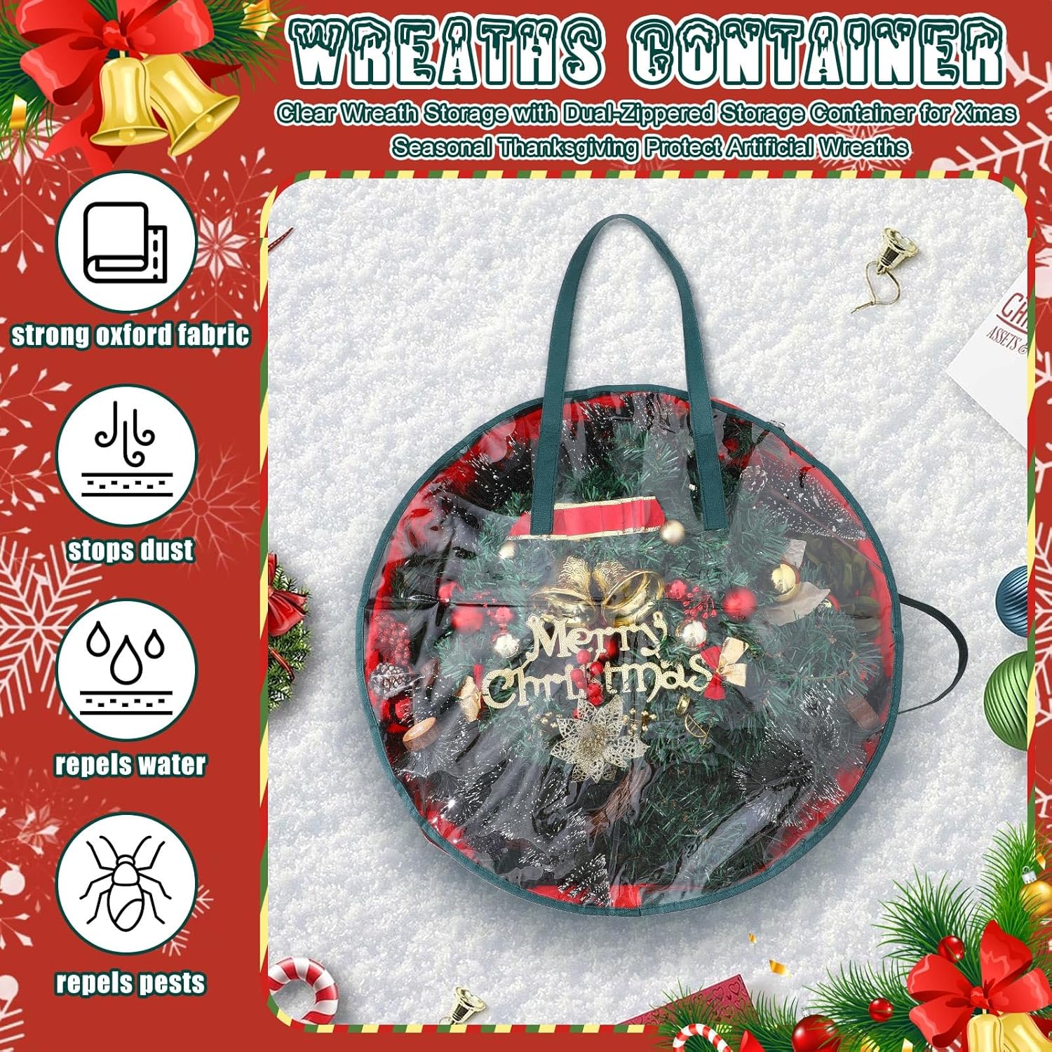 Shappy Bolsa de almacenamiento de corona de Navidad, contenedores de almacenamiento de plástico para coronas, contenedor de coronas, decoración de