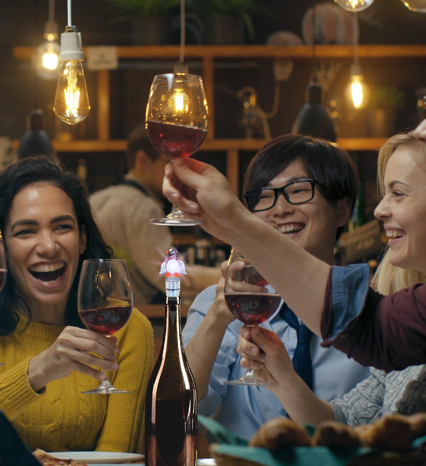Cheers – Tapón de vino de cristal de pingüino con luces LED cambiantes, elegante tapón de botella de vino multicolor con luces LED multicolor,