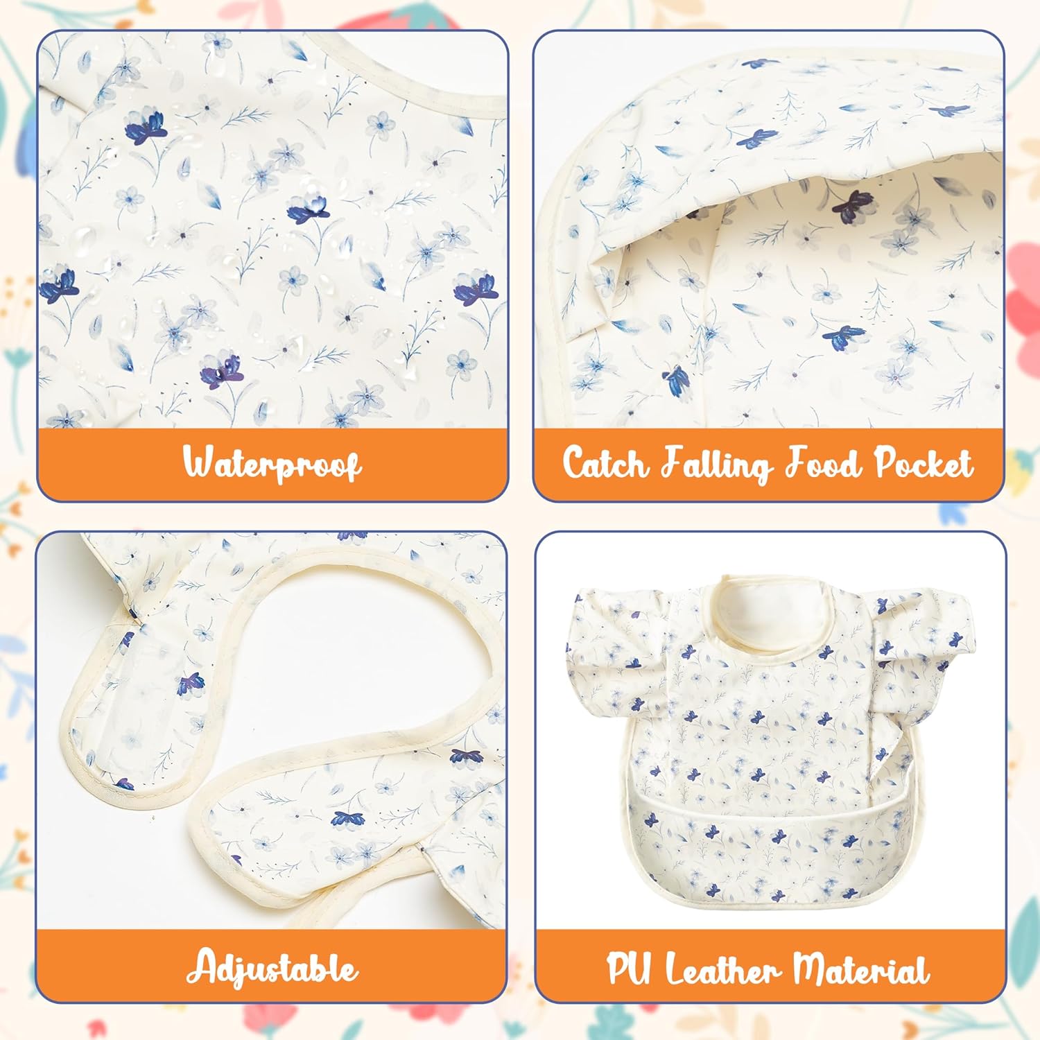 3 delantales para bebés a prueba de desorden para alimentar, baberos de comida con receptor, delantal impermeable ajustable floral, baberos a prueba