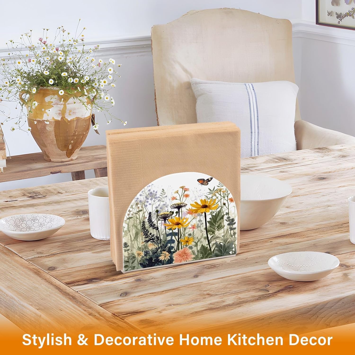 Napkin Holder Wildflowers and Butterfly Napkin Holders for Tables, Clear Acrylic Napkin Holders Cocktail Napkin Holder for Kitchen Restaurant Bar