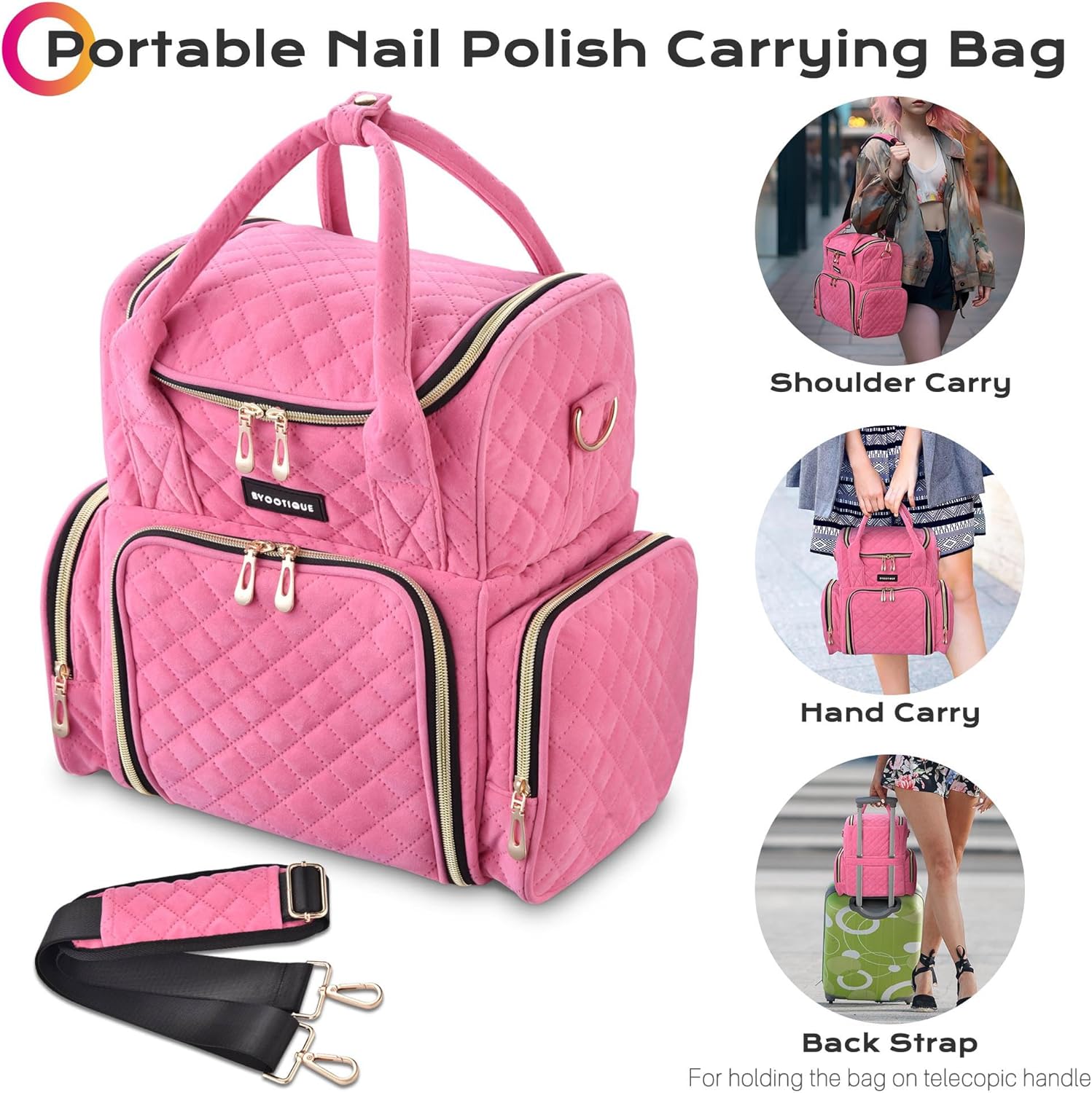 BYOOTIQUE Estuche de esmalte de uñas de doble capa, organizador de almacenamiento de suministros de arte de uñas, estuche de transporte, bolsa de