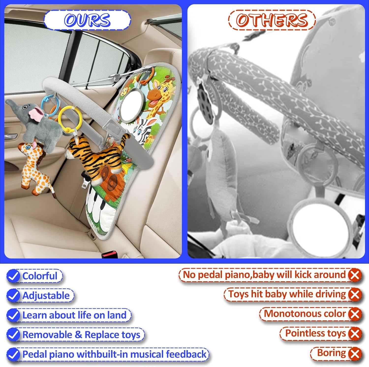 TOYMNI Juguetes de asiento de automóvil para bebés de 6 a 12 meses, juguetes de asiento de automóvil con piano de pedal musical, juguetes de viaje