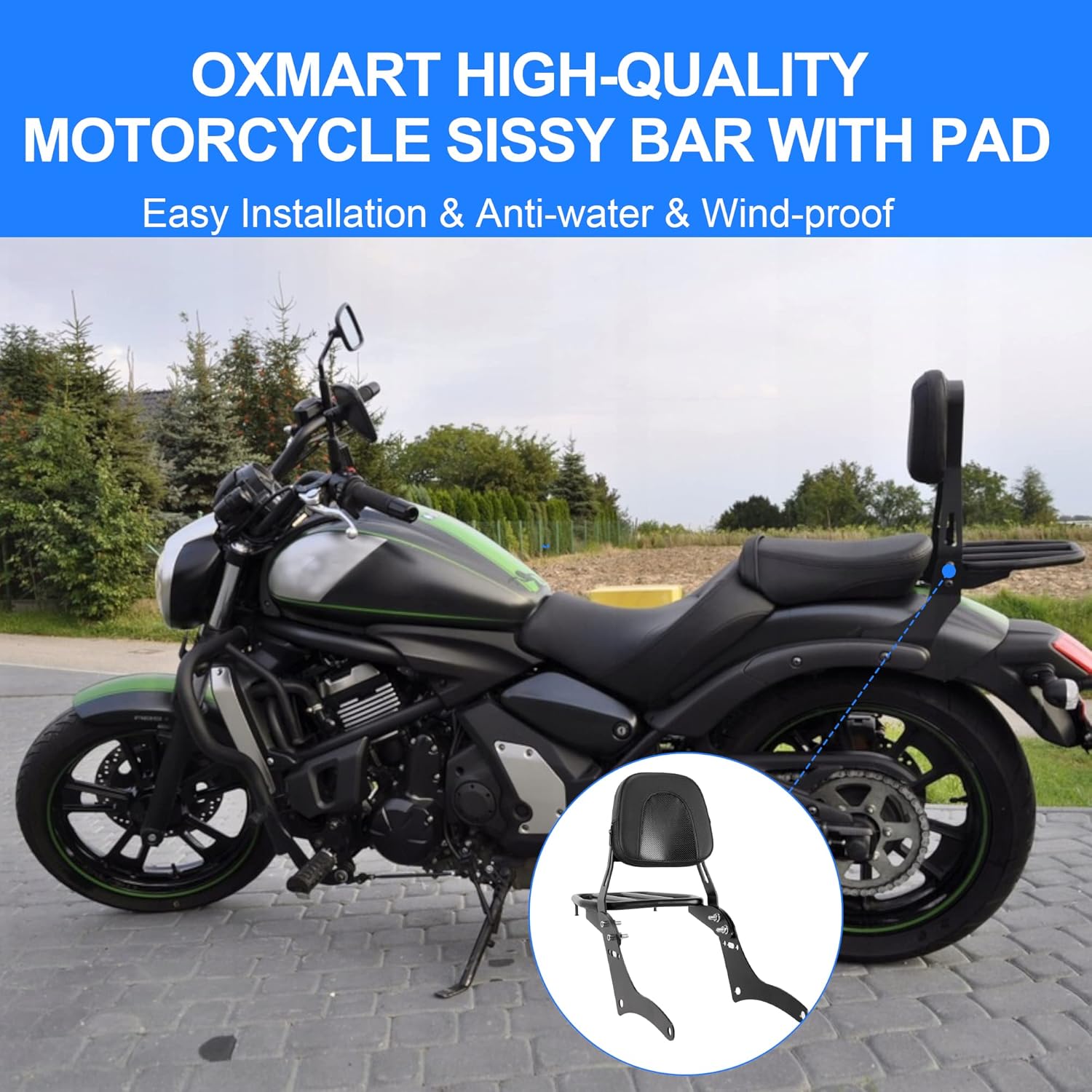 Barra desmontable para motocicleta con almohadilla para asiento trasero del pasajero + soporte para respaldo trasero, portaequipajes compatible con