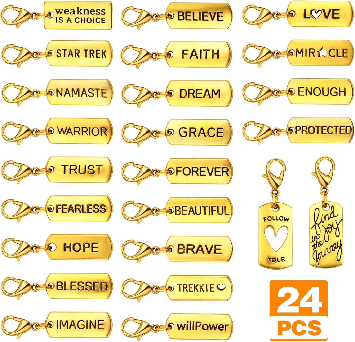24 dijes dorados antiguos con clip de inspiración grabados con palabras motivacionales con cierre de langosta para hacer joyas, accesorios de