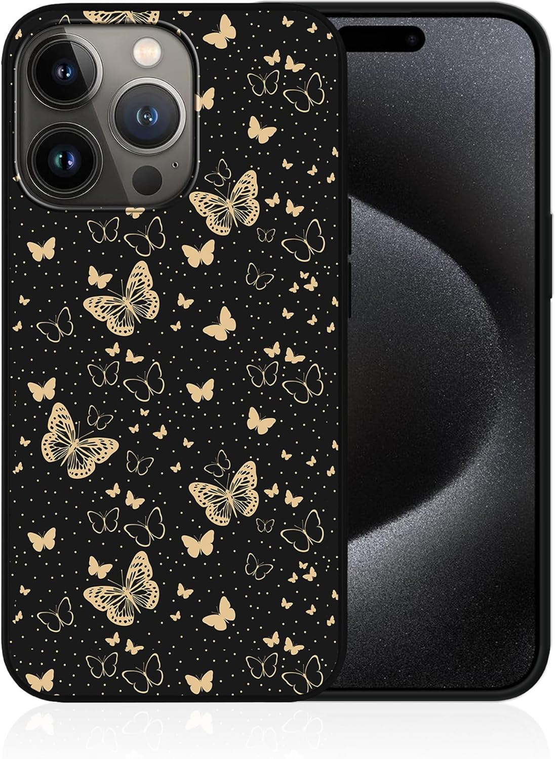 Funda diseñada para iPhone 15 Pro Max con patrón de mariposas doradas para hombres, mujeres, niños y niñas, TPU suave, cuerpo completo, a prueba de