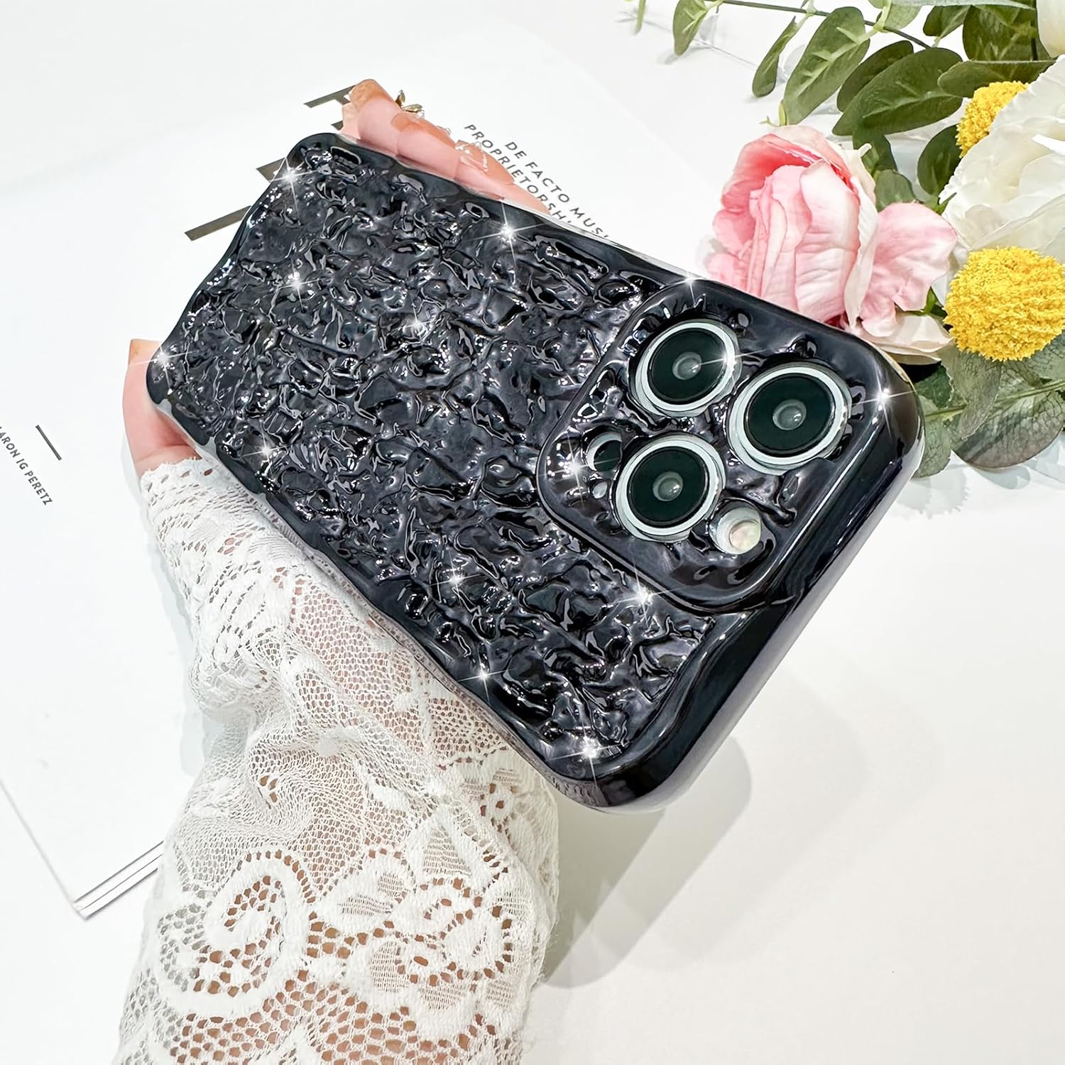 MZELQ Funda para iPhone 14 Pro Max, diseño de lujo, diseño de lámina, plisada, elegante, ondulada, para niñas y mujeres, galvanoplastia de