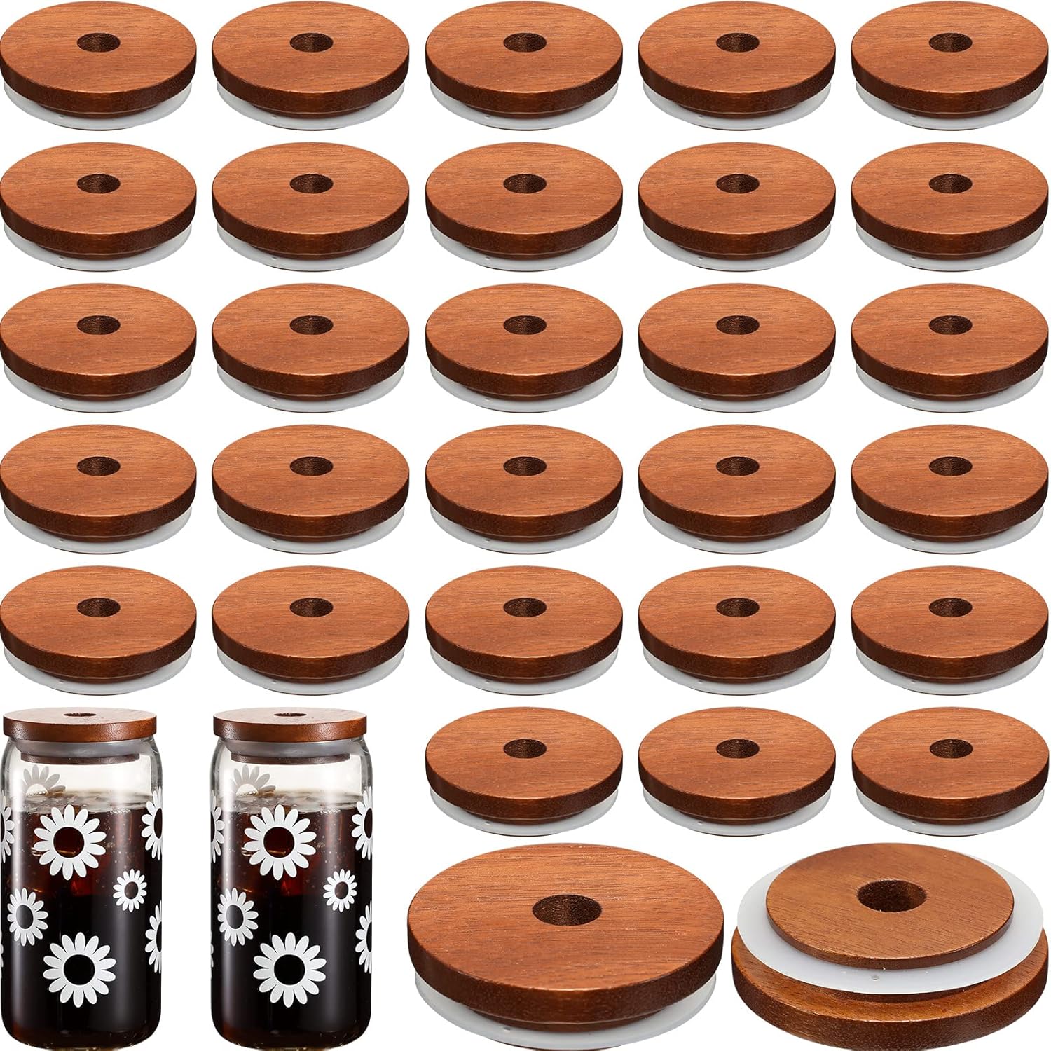 30 tapas para tarros de madera con agujero para pajilla, tapas para tarros de madera de boca ancha, tapas reutilizables con anillos de sellado de