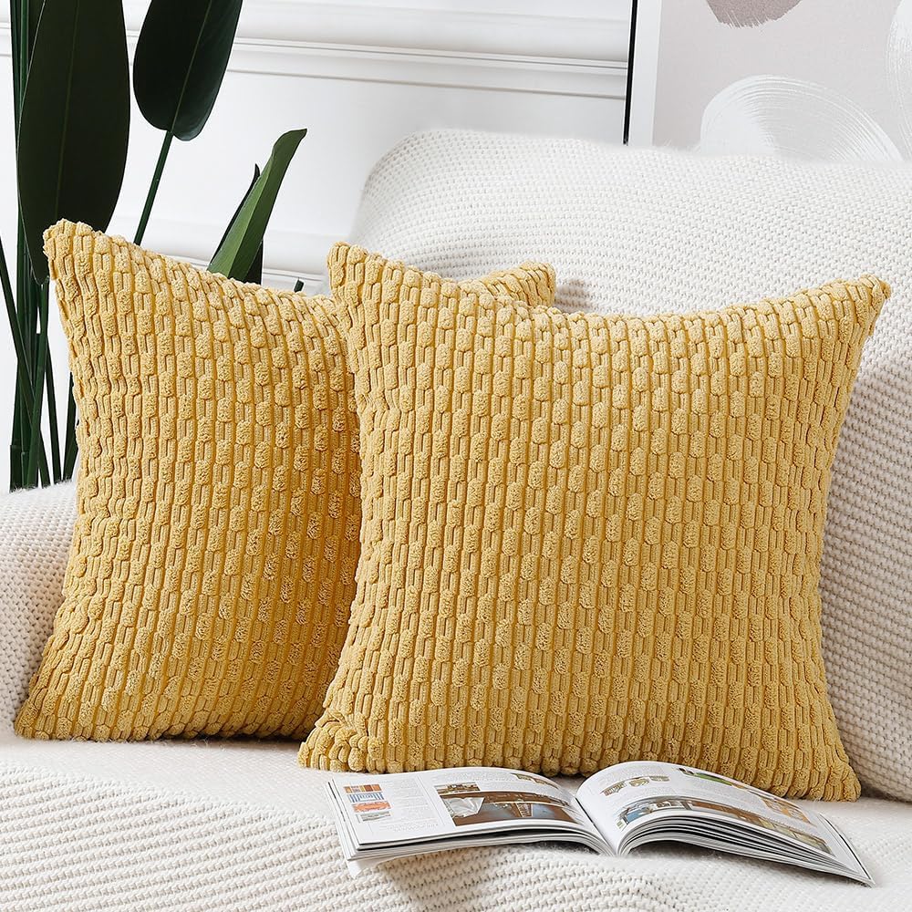 MADIZZ Juego de 2 fundas de almohada de pana bohemia a rayas de 18 x 18 pulgadas, color amarillo, suave, decorativas, para dormitorio, sofá