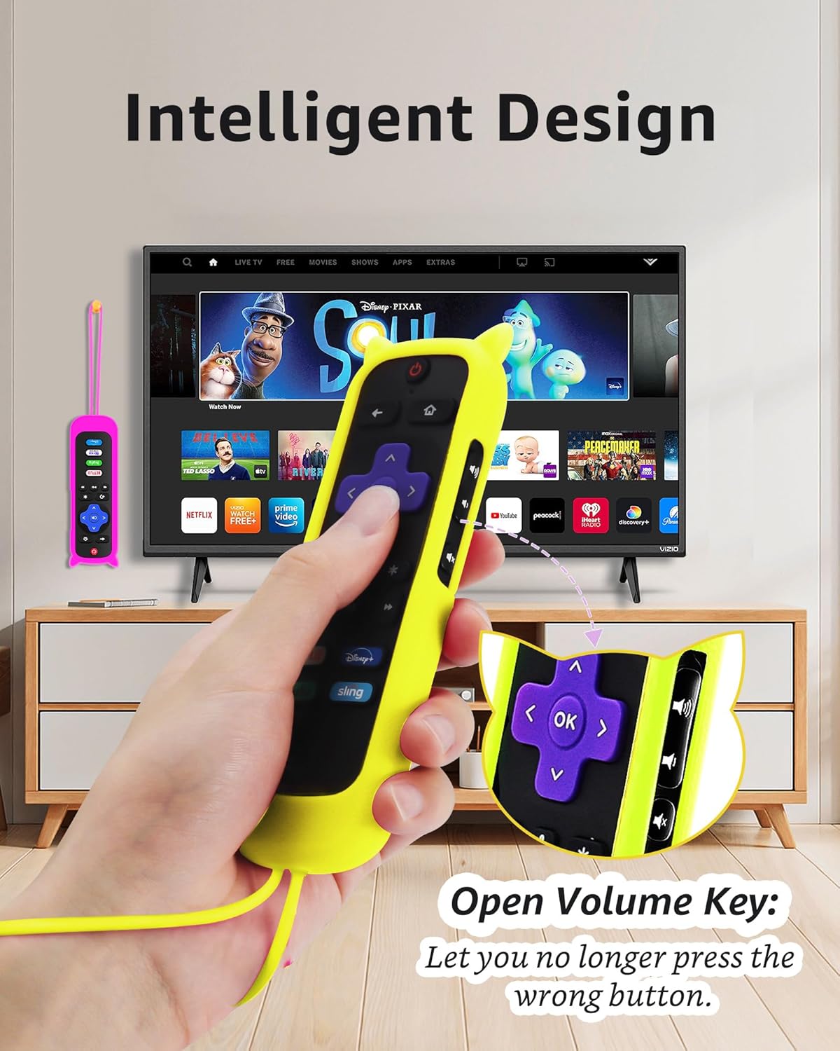 ONEBOM Paquete de 2 fundas para control remoto Roku con diseño de orejas de gato, funda de silicona compatible con HisenseTCL Roku TV, Steaming