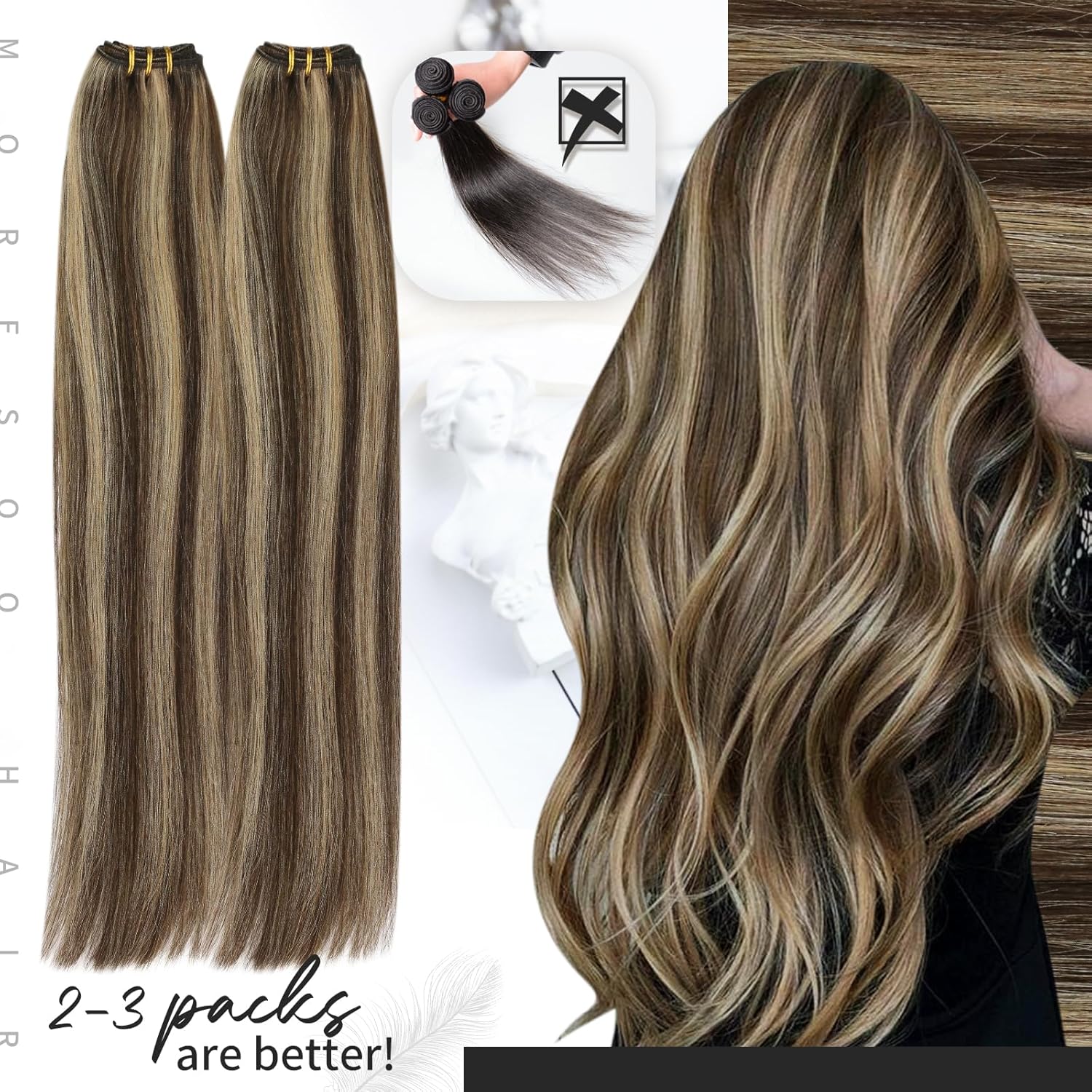 Moresoo – Extensiones de cabello humano real cosidas, extensiones de cabello humano Remy con doble trama, color marrón oscuro con rubio caramelo, 22