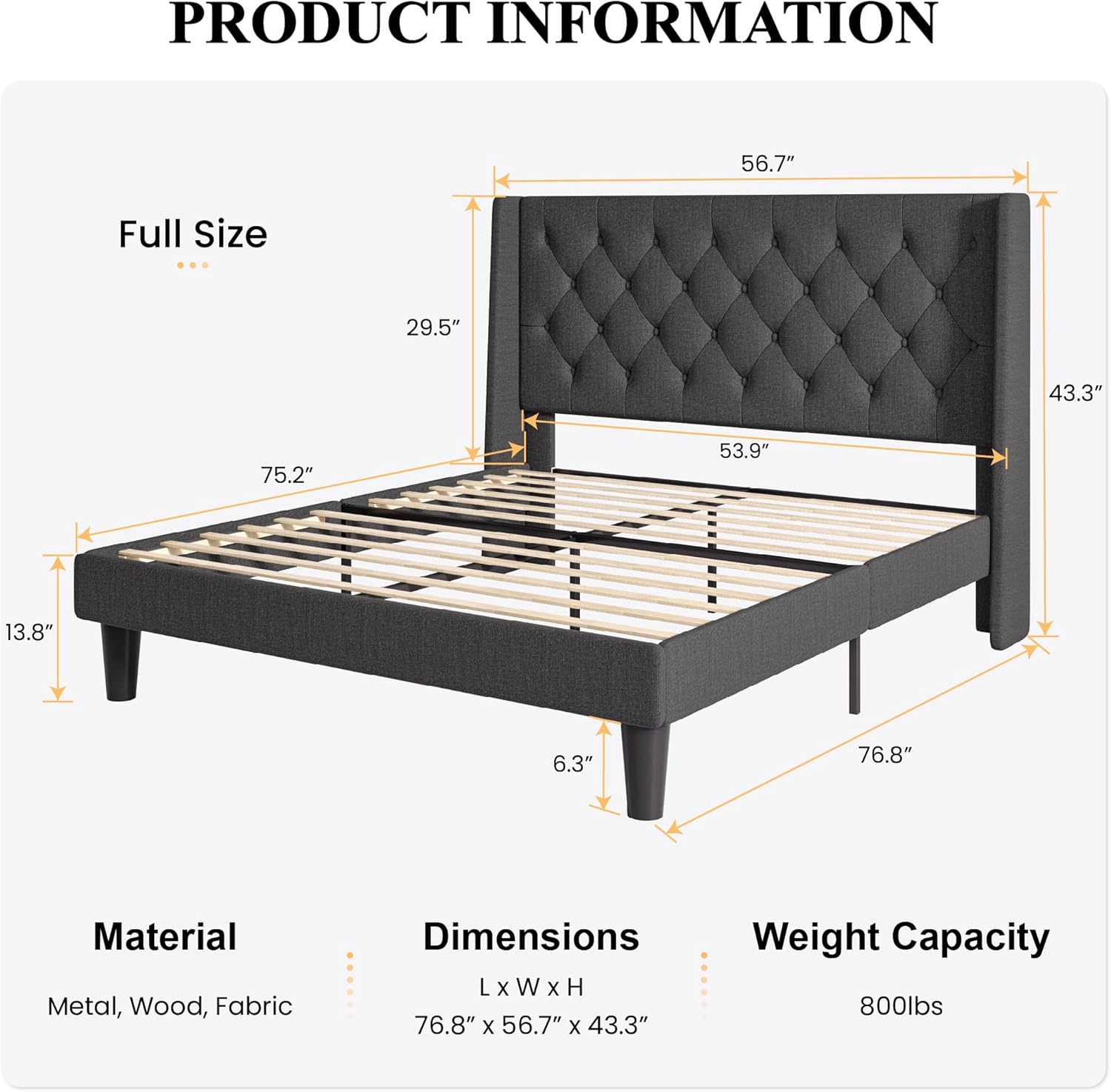 SHA CERLIN Base de cama tapizada de tamaño matrimonial con cabecera con respaldo de ala, tela de terciopelo copetudo, soporte de listones de madera,