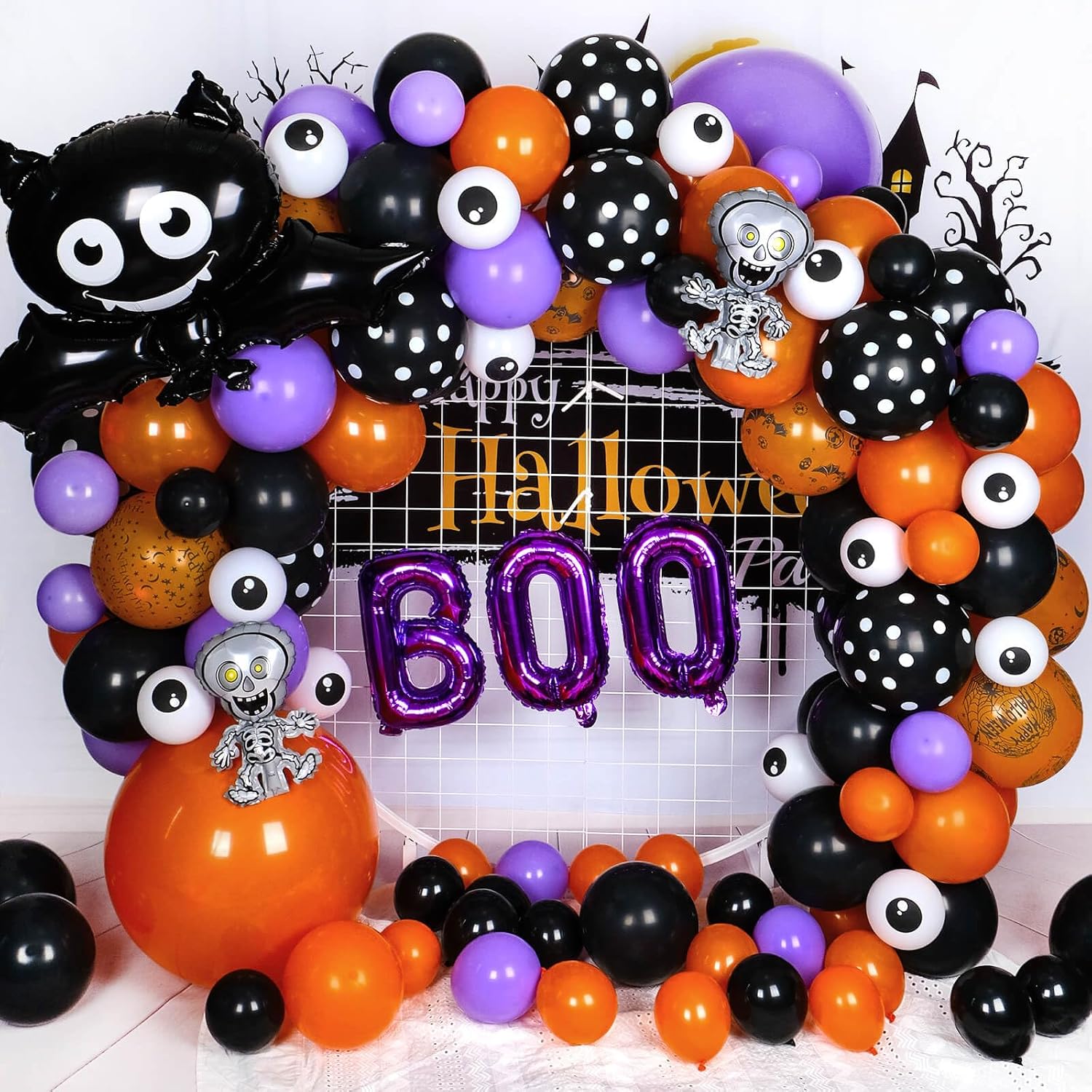 AULE Kit de arco de guirnalda de globos de Halloween de 141 piezas con mini esqueleto bailarín negro con ojos de gato negro, naranja, morado, negro,