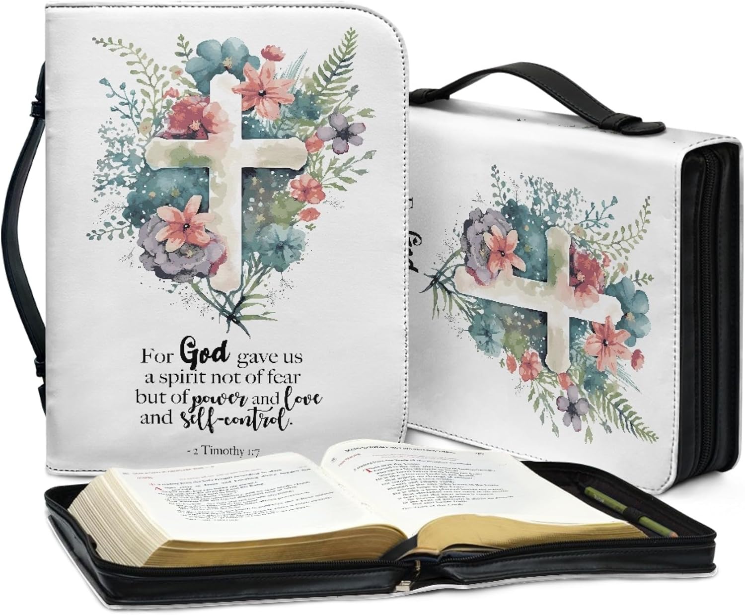 Vodetik Funda de Biblia cruzada con versículo floral para mujeres y niñas, tamaño extra grande con asa y cremallera, estuche de transporte de