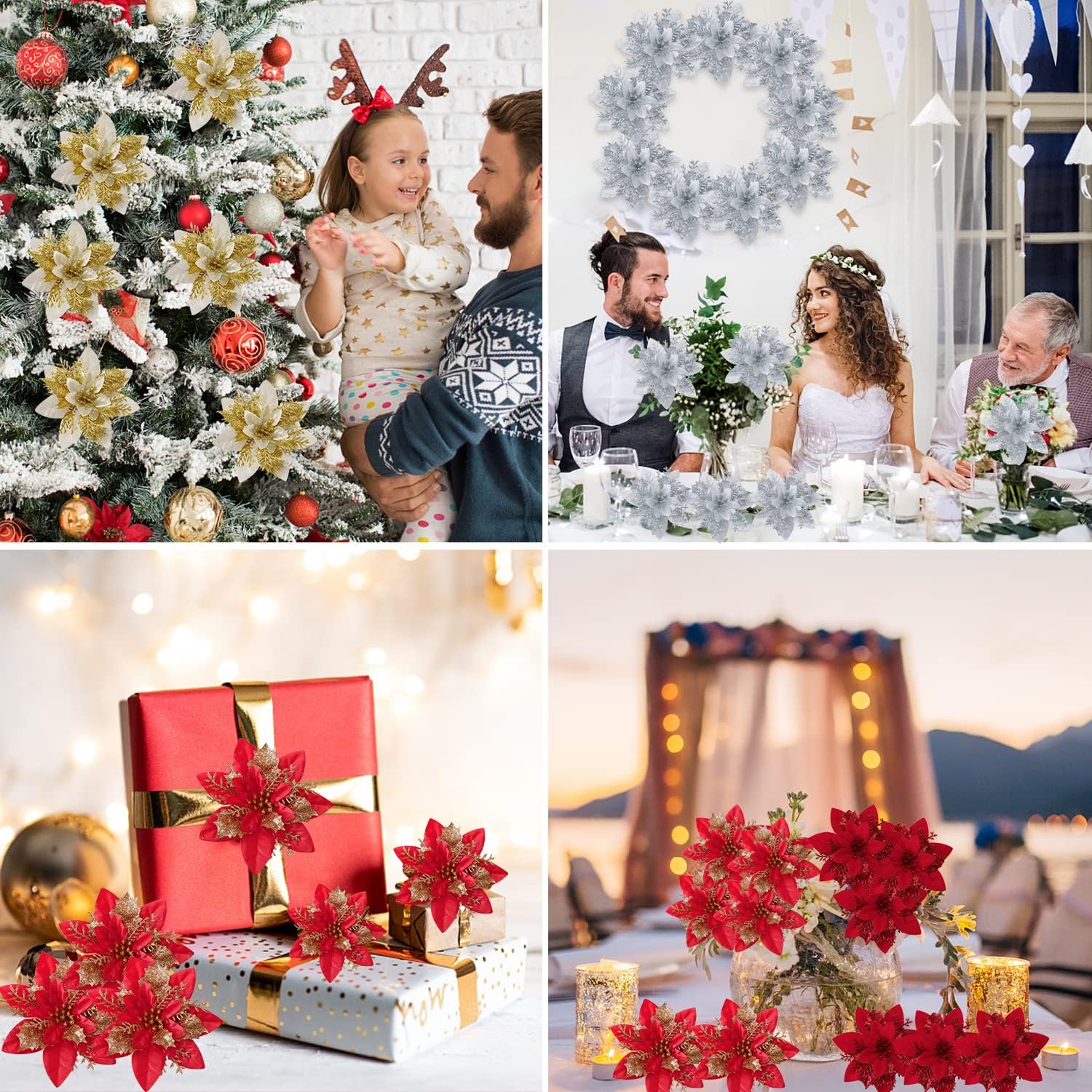 10 Pcs 13cm5.2in Poinsettia Artifical Flowers with Clips and Stems, Glitter Christmas Tree Ornaments Supplies for Xmas Wedding Party Happy New Year
