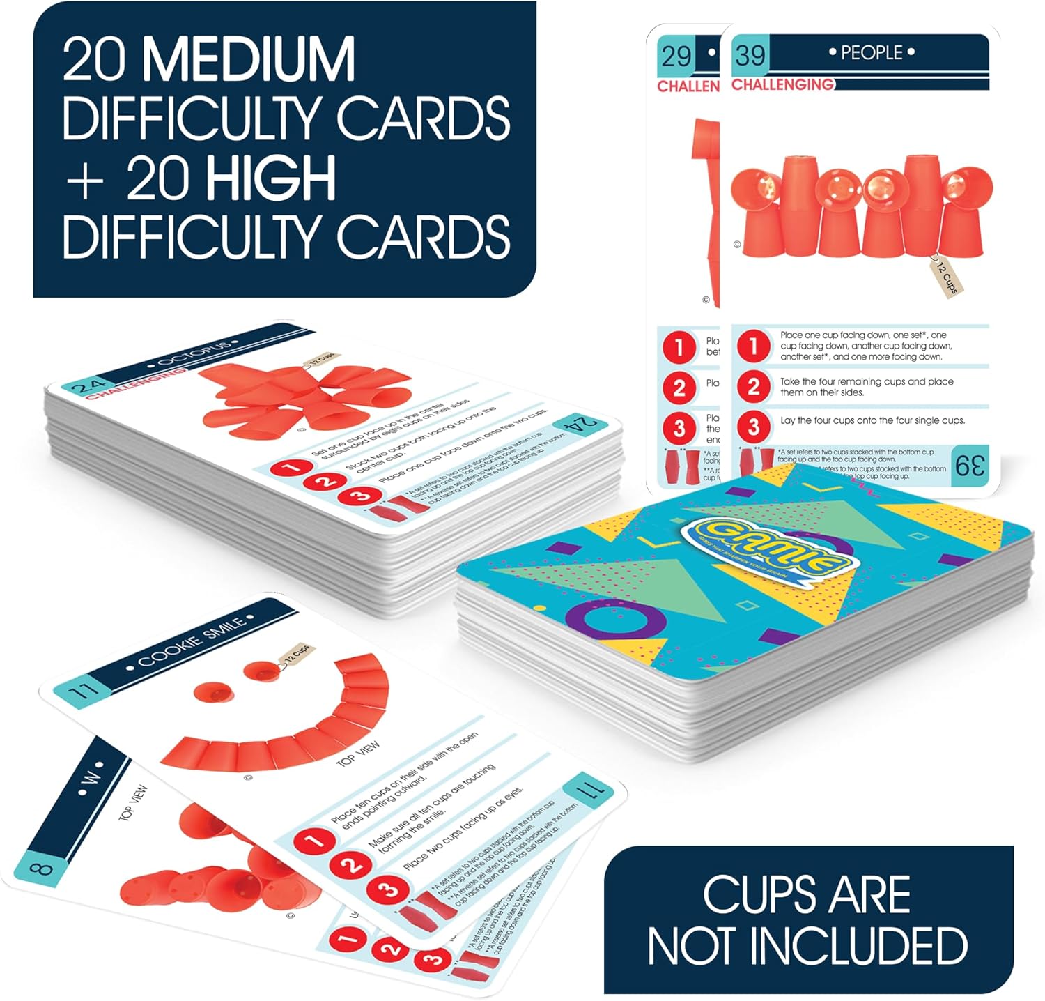 Gamie Juego de cartas de desafío para apilar tazas, 40 cartas adicionales con instrucciones (idioma español no garantizado), 20 cartas medianas y 20