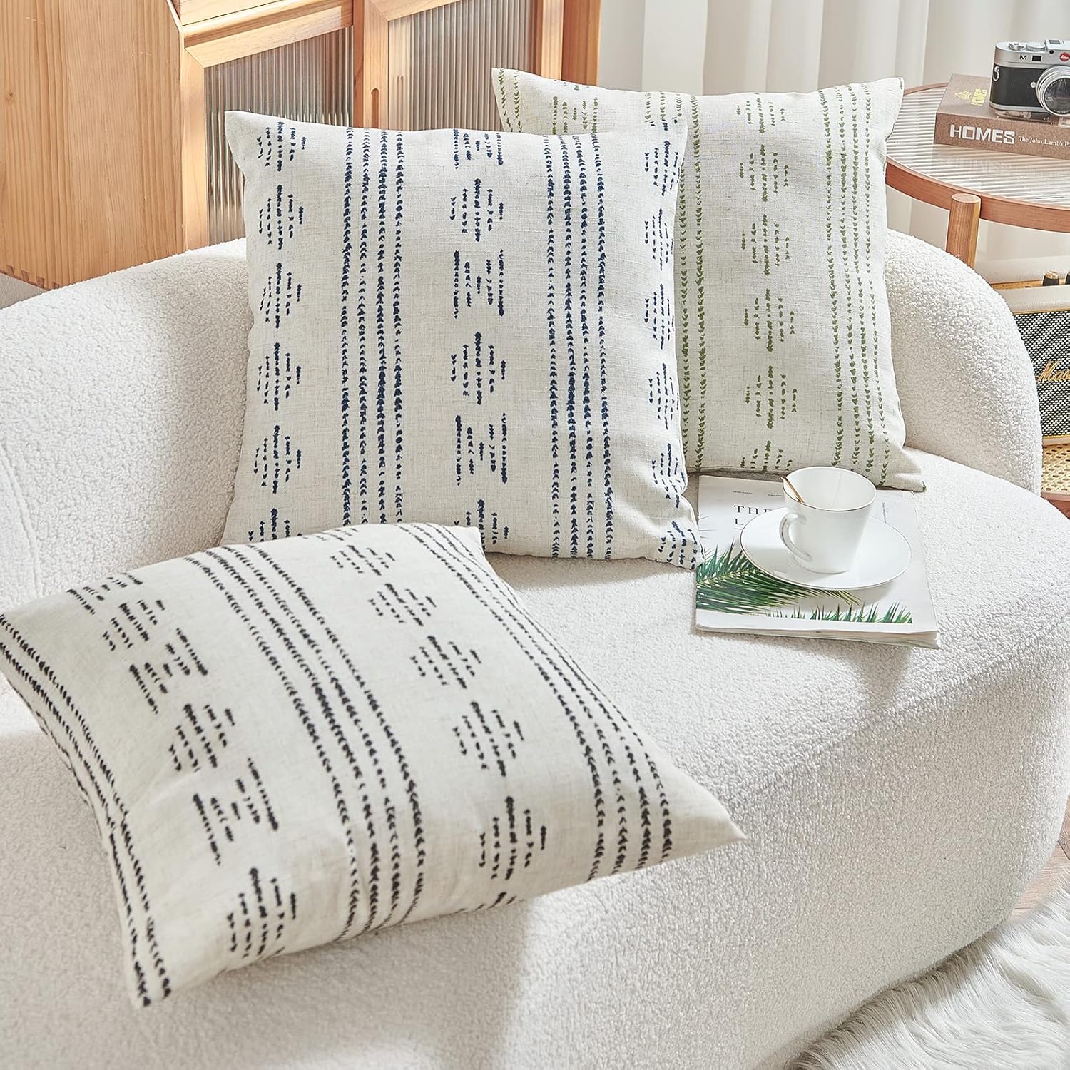 jinchan Juego de 2 fundas de almohada de lino con patrón geométrico de rayas bohemias con textura para sofá, cama, sala de estar, 18 x 18 pulgadas,