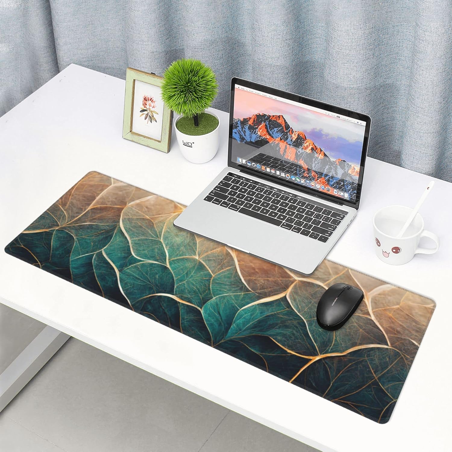 Alfombrilla de mouse grande extendida de mármol floral azul dorado abstracto grande, XL, alfombrilla de mouse para juegos, 31.5 x 11.8 pulgadas de