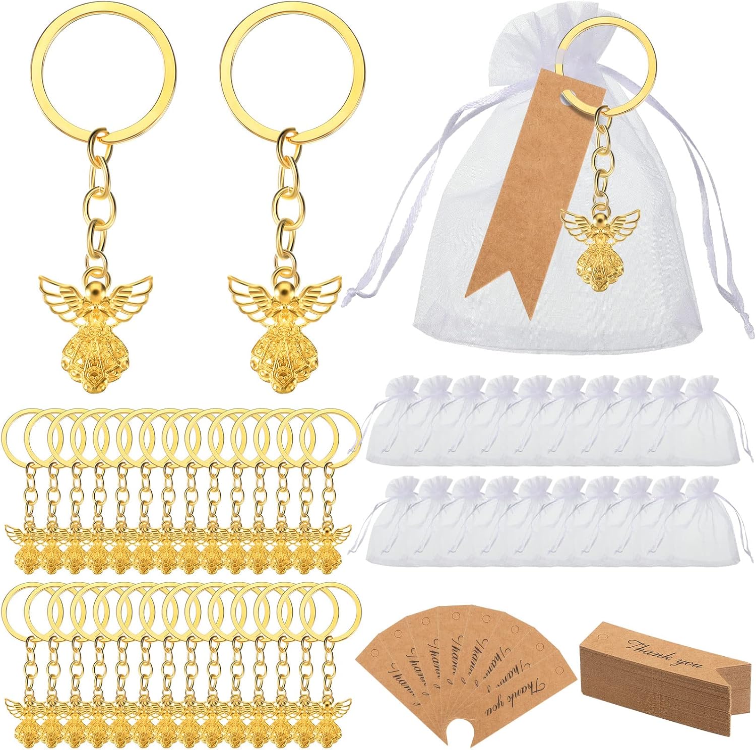 MTLEE Juego de 50 llaveros con dije de ángel de la guarda, incluye colgante de ángel, bolsas de organza, etiquetas de agradecimiento para bautismo