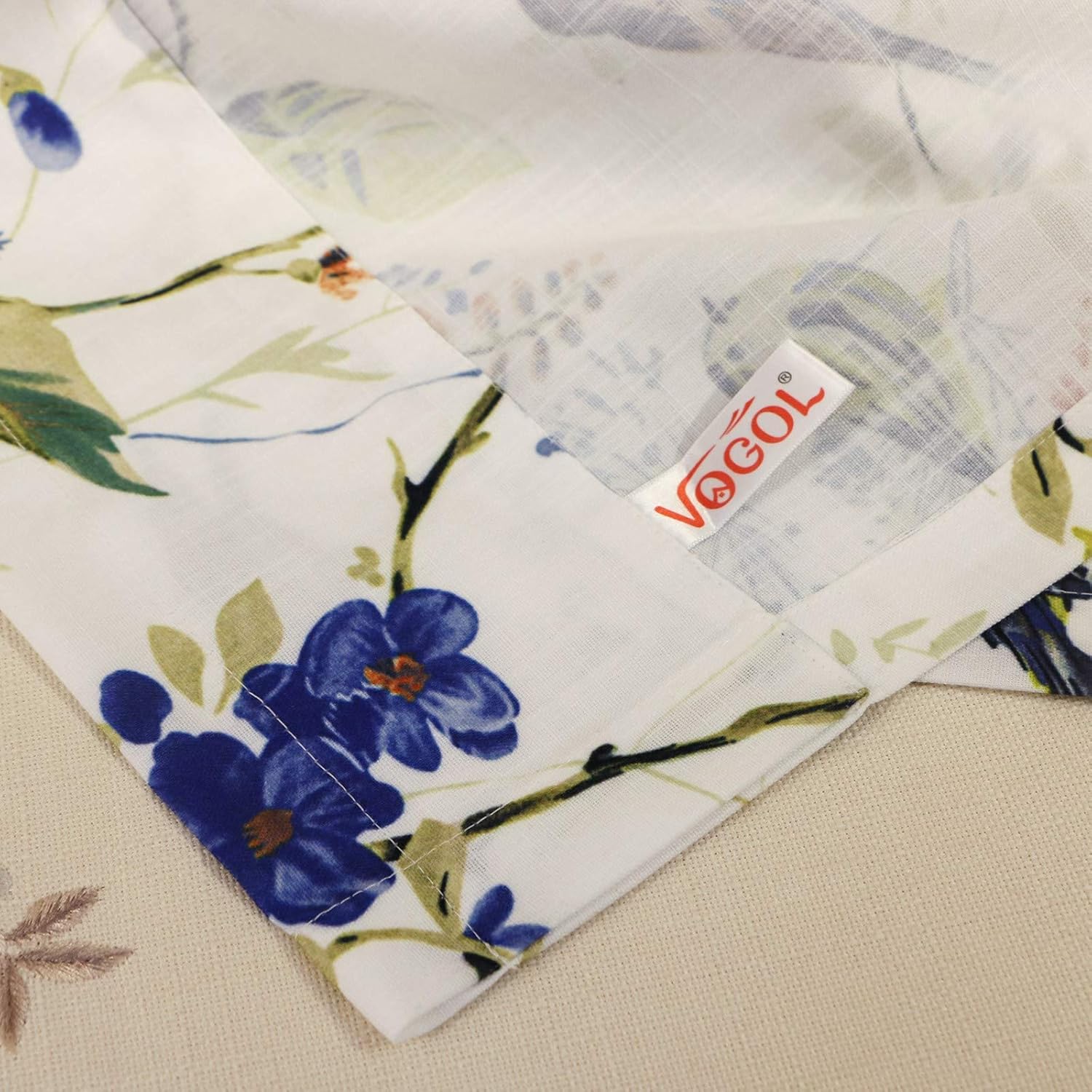VOGOL Cortinas de cenefa azul para sala de estar, lino texturizado con estampado de pájaros y flores, cortinas de ventana con bolsillo para barra,