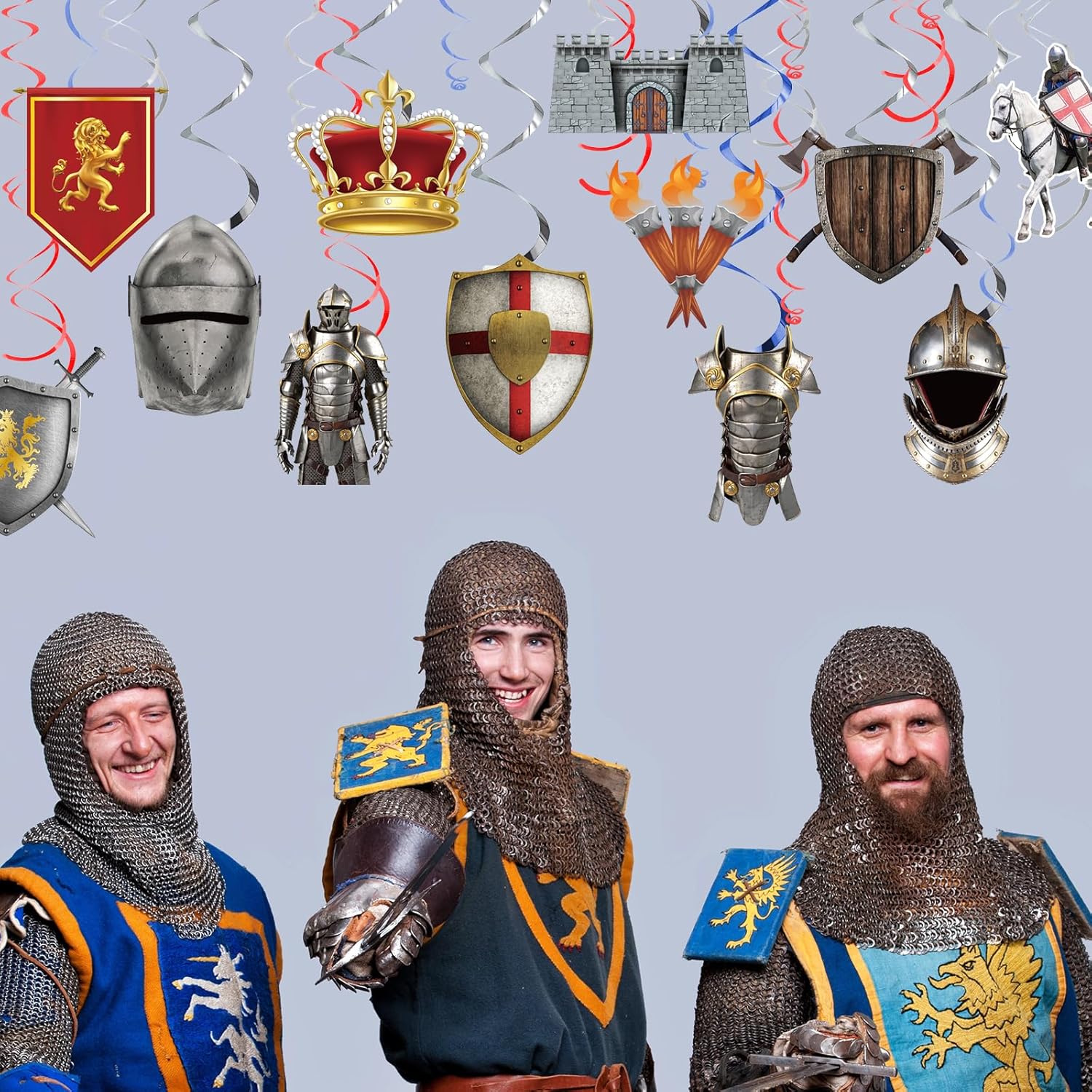 48 piezas de remolinos de cumpleaños de caballero medieval, decoraciones medievales para fiesta, serpentinas colgantes de pared, techo, espirales,