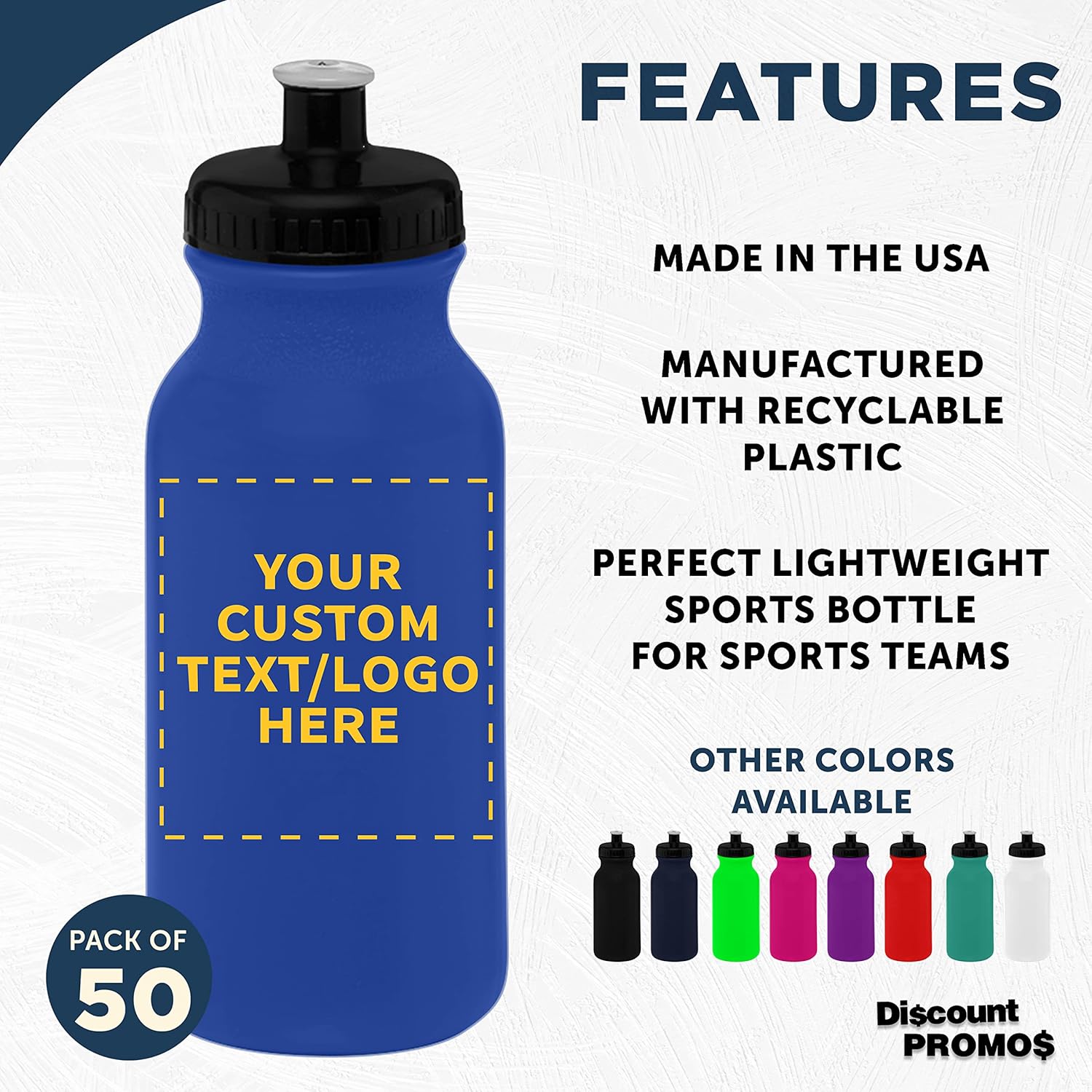 DISCOUNT PROMOS Juego de 50 botellas de agua personalizadas de 20 onzas con tapa a presión, paquete personalizado a granel, perfectas para gimnasio,