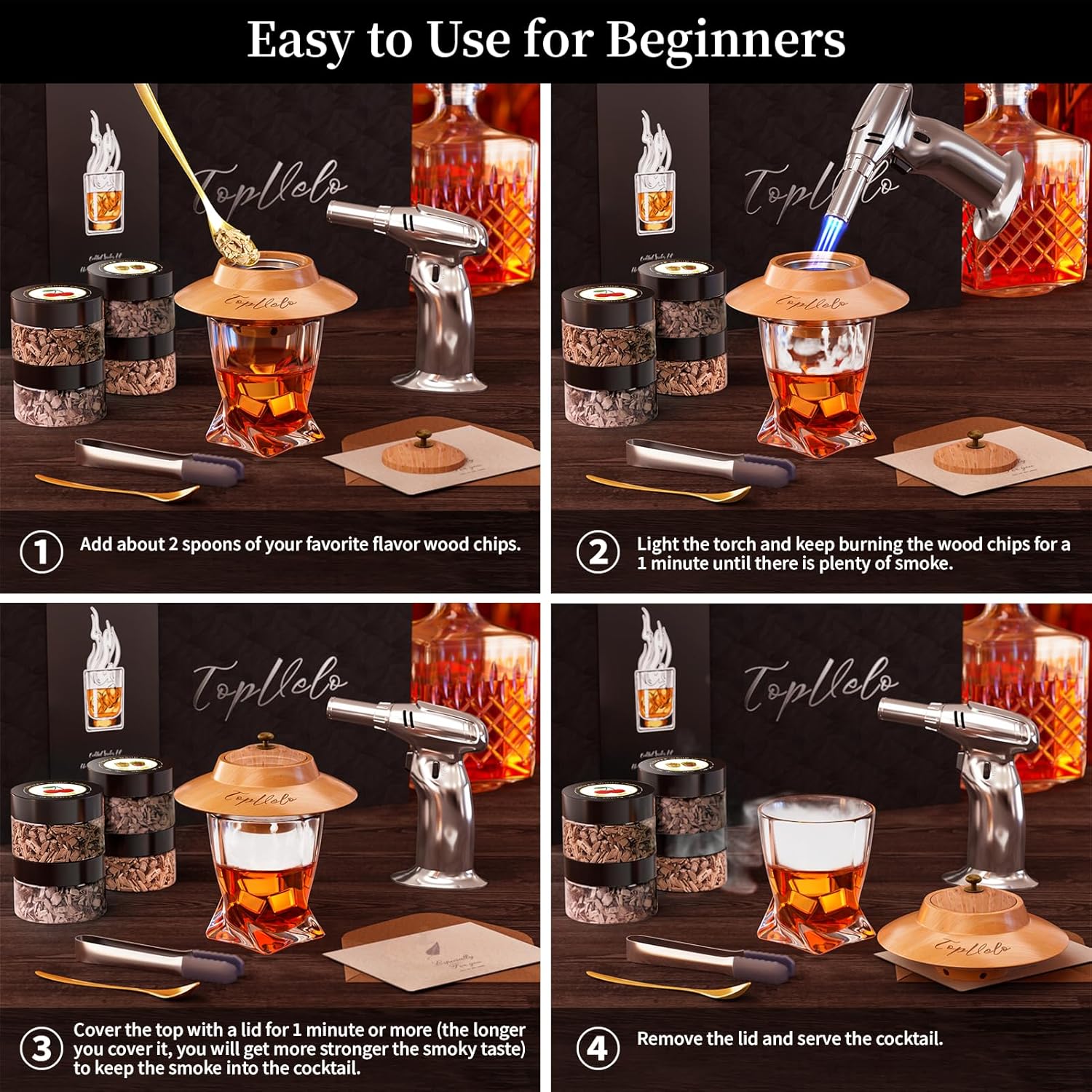 Kit de ahumador de cóctel con antorcha de triple llama, chips de madera de 4 sabores y 3 piedras de whisky para whisky y bourbon, kit de infusor de