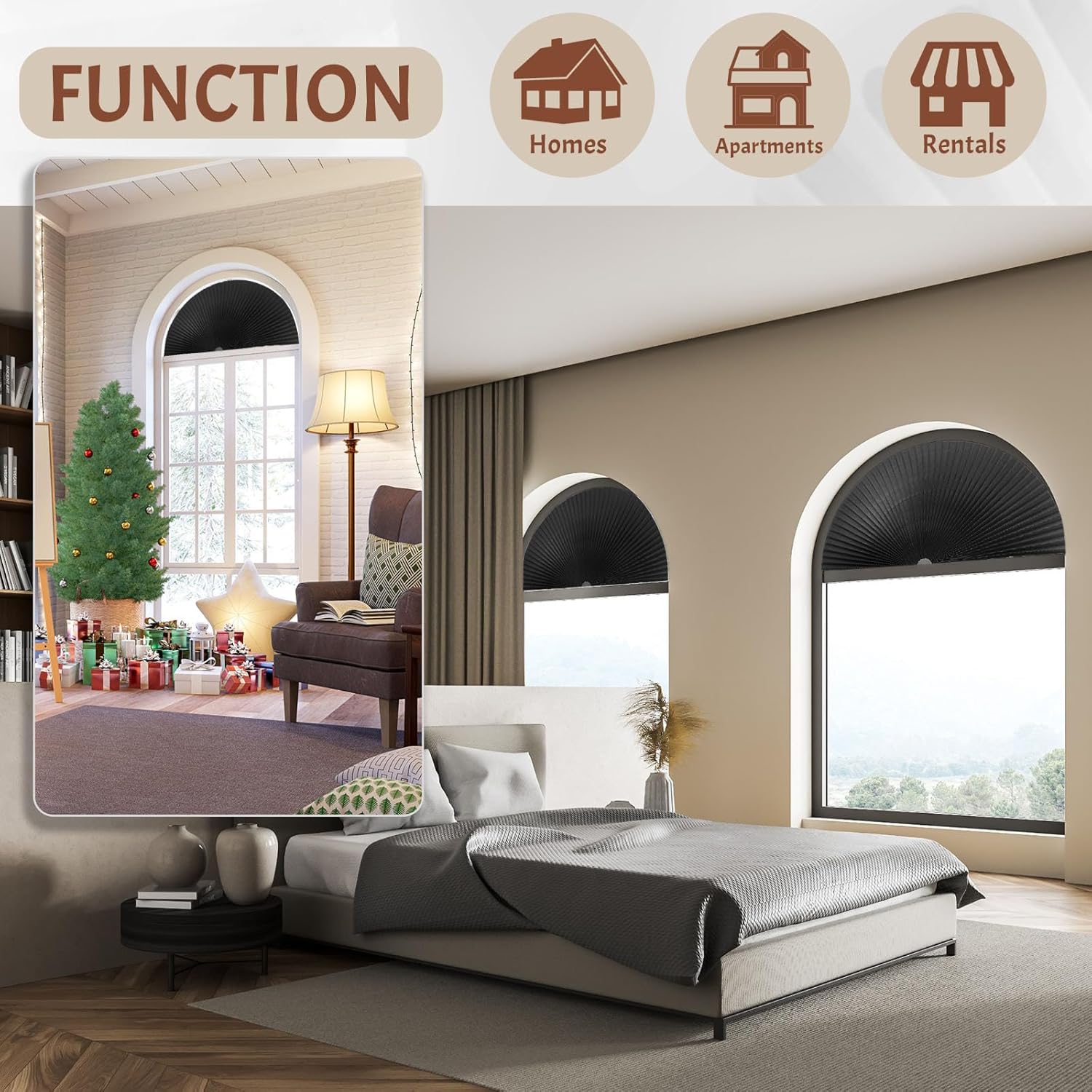 Fainne 2 persianas plisadas de 36 x 72 pulgadas para ventana de medio círculo de 36 x 72 pulgadas, filtro de luz, tela plisada, para ventanas de