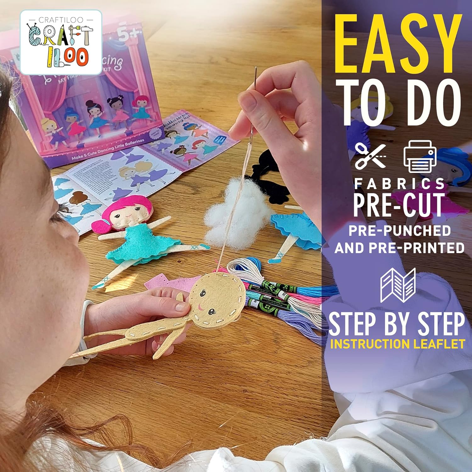 CRAFTILOO Kit de costura de bailarinas para niños, juego de manualidades divertido y educativo para niños y niñas de 5 a 12 años, coser tu propio