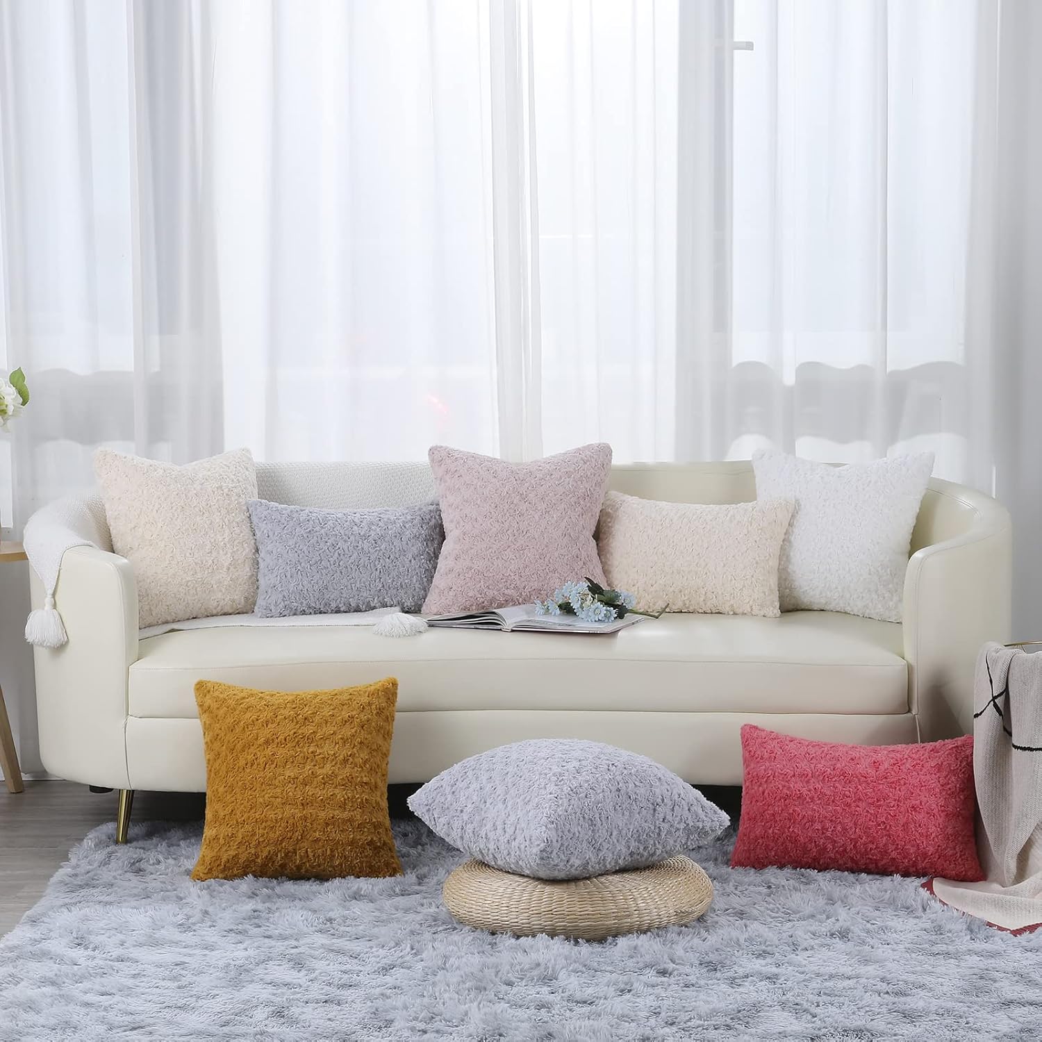 Cikary Juego de 2 fundas de almohada de piel blanca con patrón de rosas 3D de 16 x 16 pulgadas, fundas de almohada decorativas esponjosas para sofá,