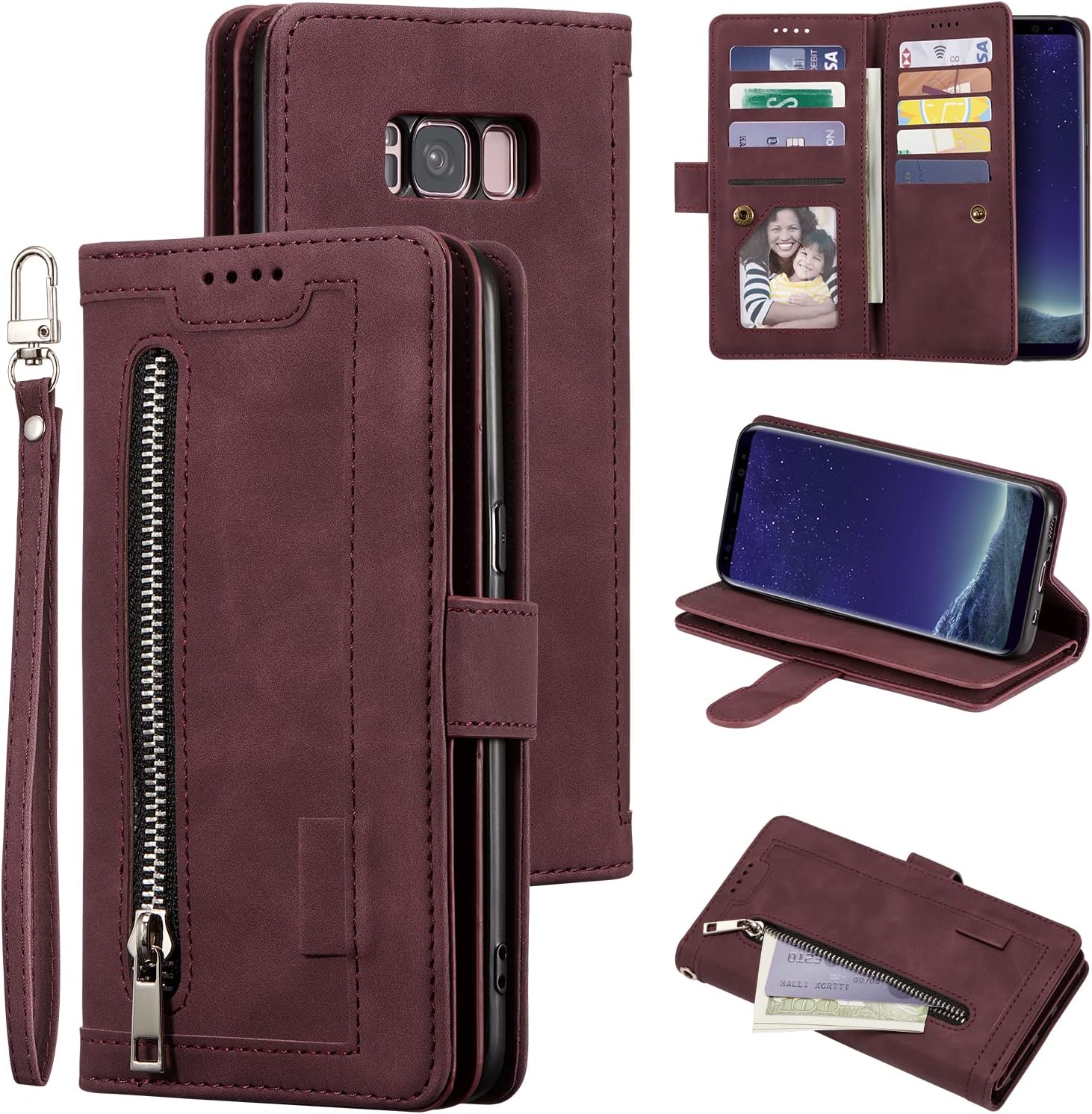 EYZUTAK Funda de teléfono tipo cartera para Samsung Galaxy S8, retro mate 9 ranuras para tarjetas, funda de bolsillo con cremallera, cierre