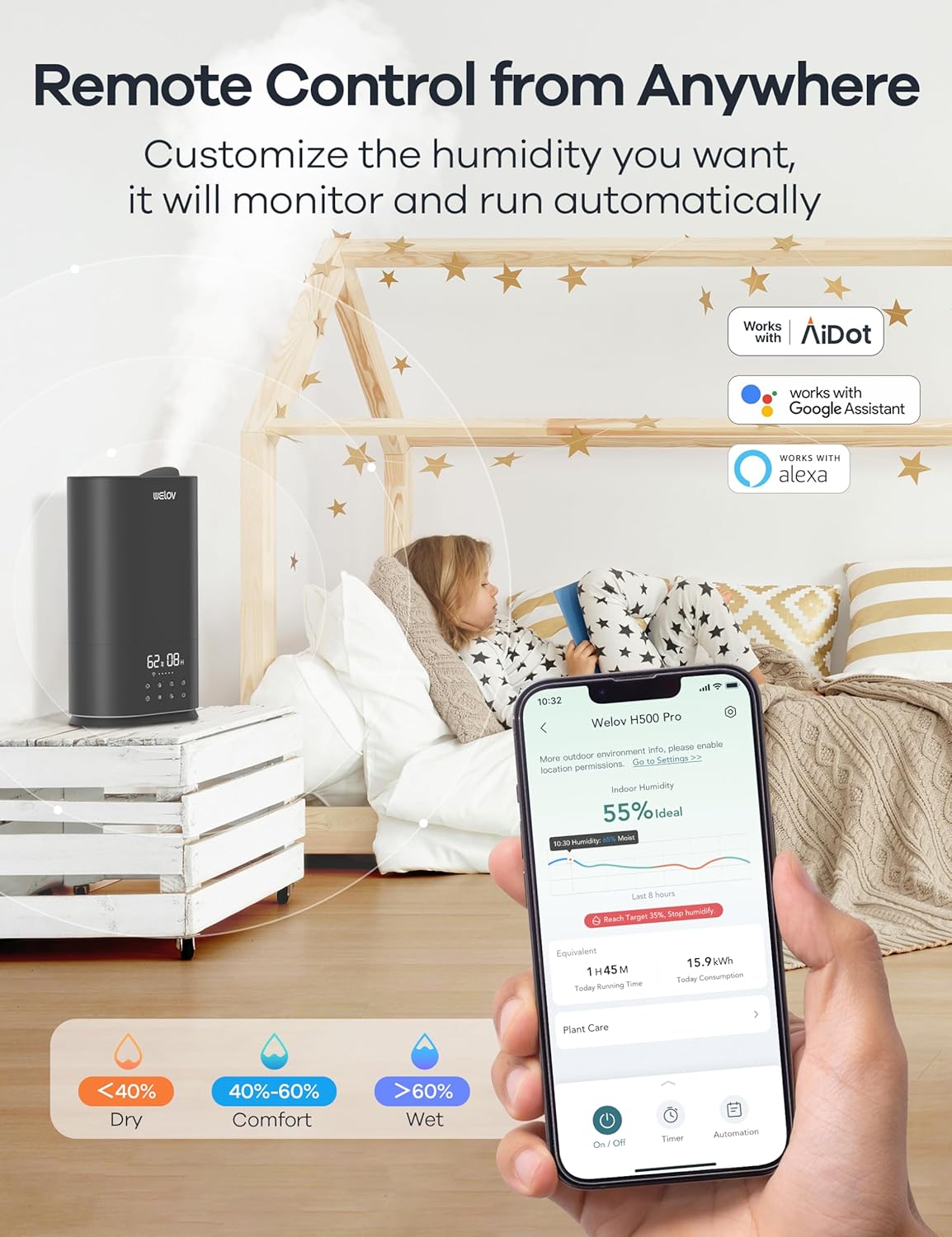 WELOV BoostMist Humidificador de niebla fría para habitación grande, humidificador inteligente para dormitorio, humidificador doméstico de 6 litros