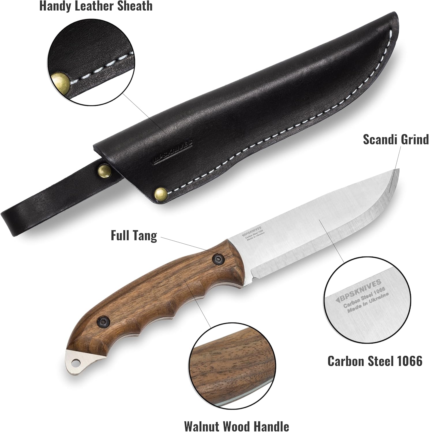 BPS Knives HK5 CSH – Cuchillo de espiga completa con funda de cuero, cuchillo táctico de supervivencia, cuchillos de campamento, cuchillo de acero
